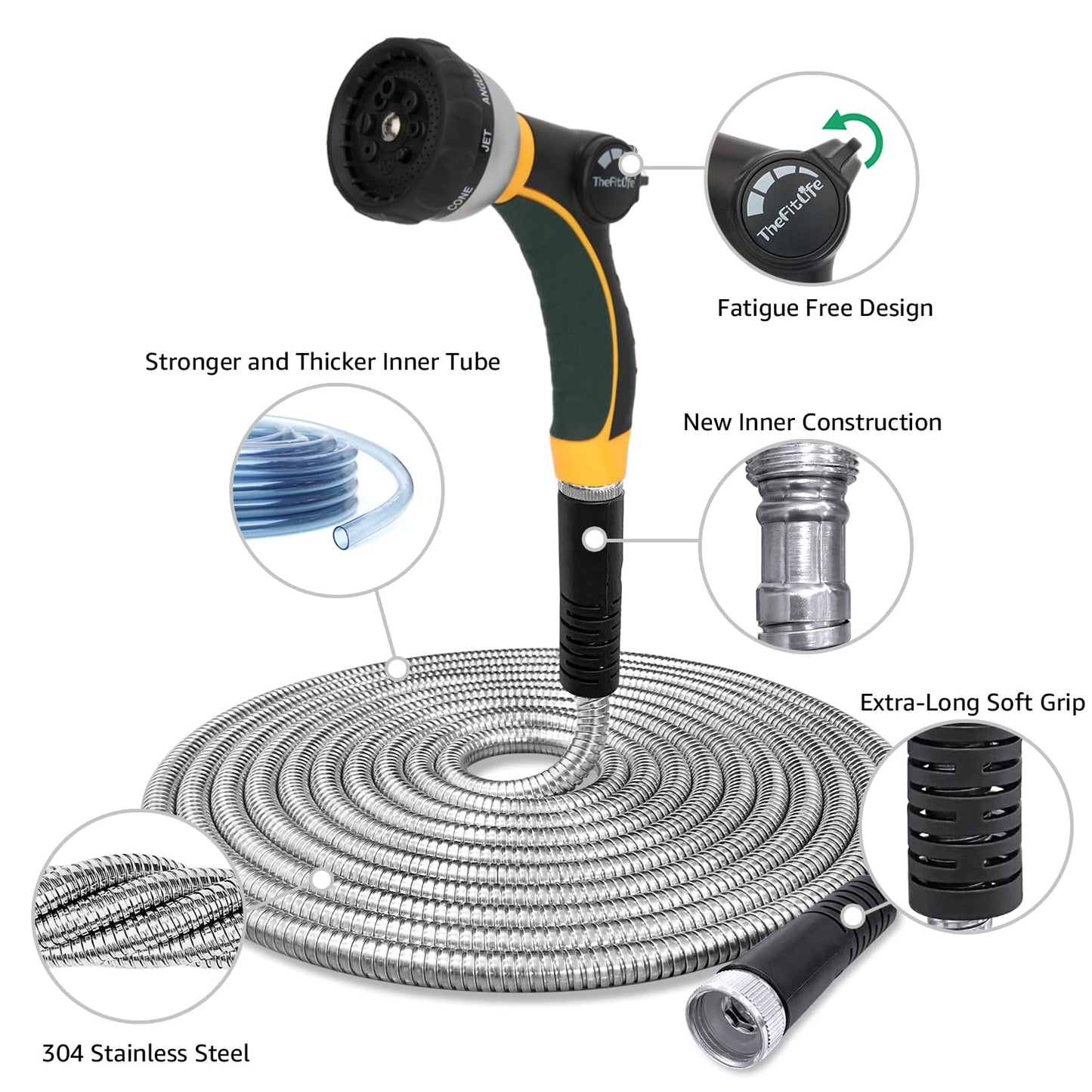 TheFitLife Flexible Metal Garden Hose - Leak and Fray Resistant Design, Stainless Steel Water Hose with Solid Fittings and Sprayer Nozzle, Lightweight Kink Free Durable Easy Storage (100 FT)