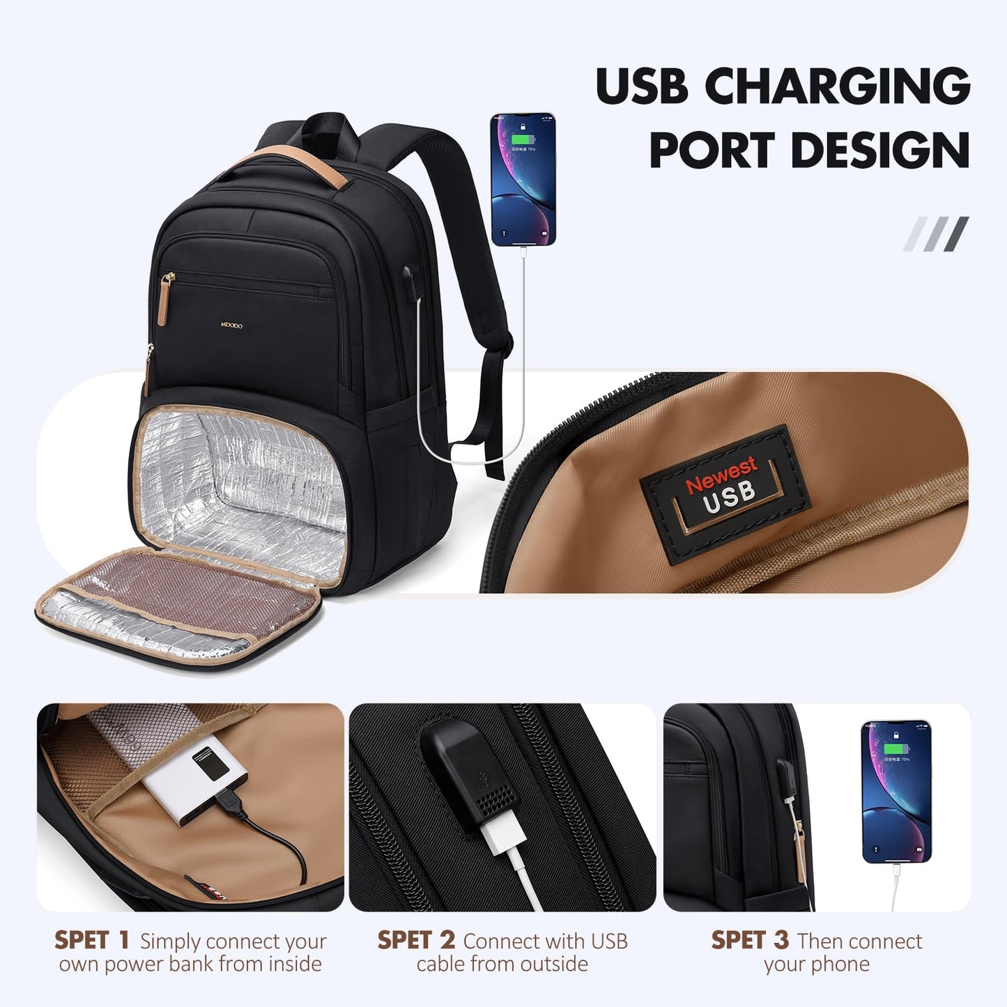 MDODO Lunch Backpack for Women Men,15.6Inch Insulated Lunch Box Backpack with USB Charging Port, Diaper Laptop Back pack for Travel Picnic Work Teacher Nurse,Black