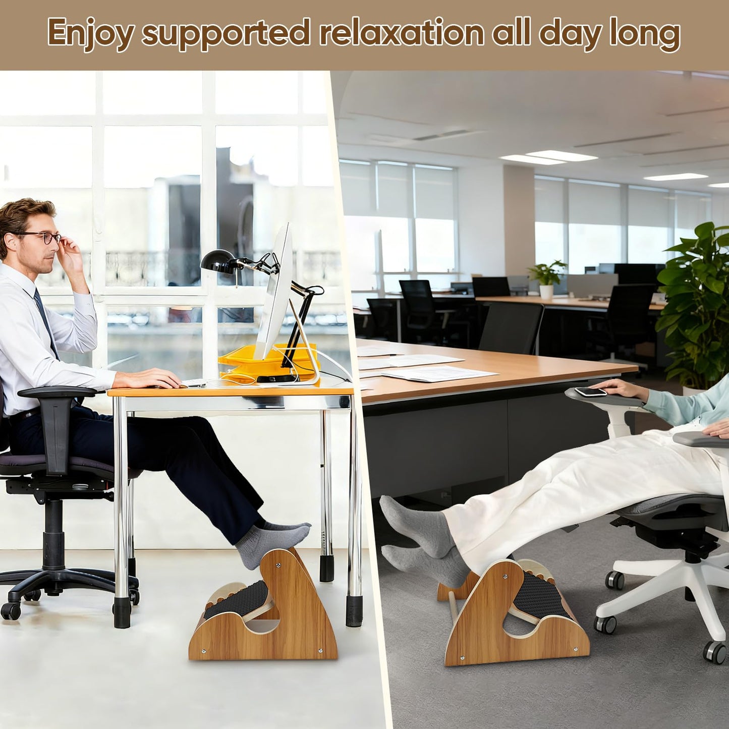 Dual-Layer Wooden Foot Rest Under Desk – Rocking Massage Pad & Cushioned Top, Ergonomic Foot Stool