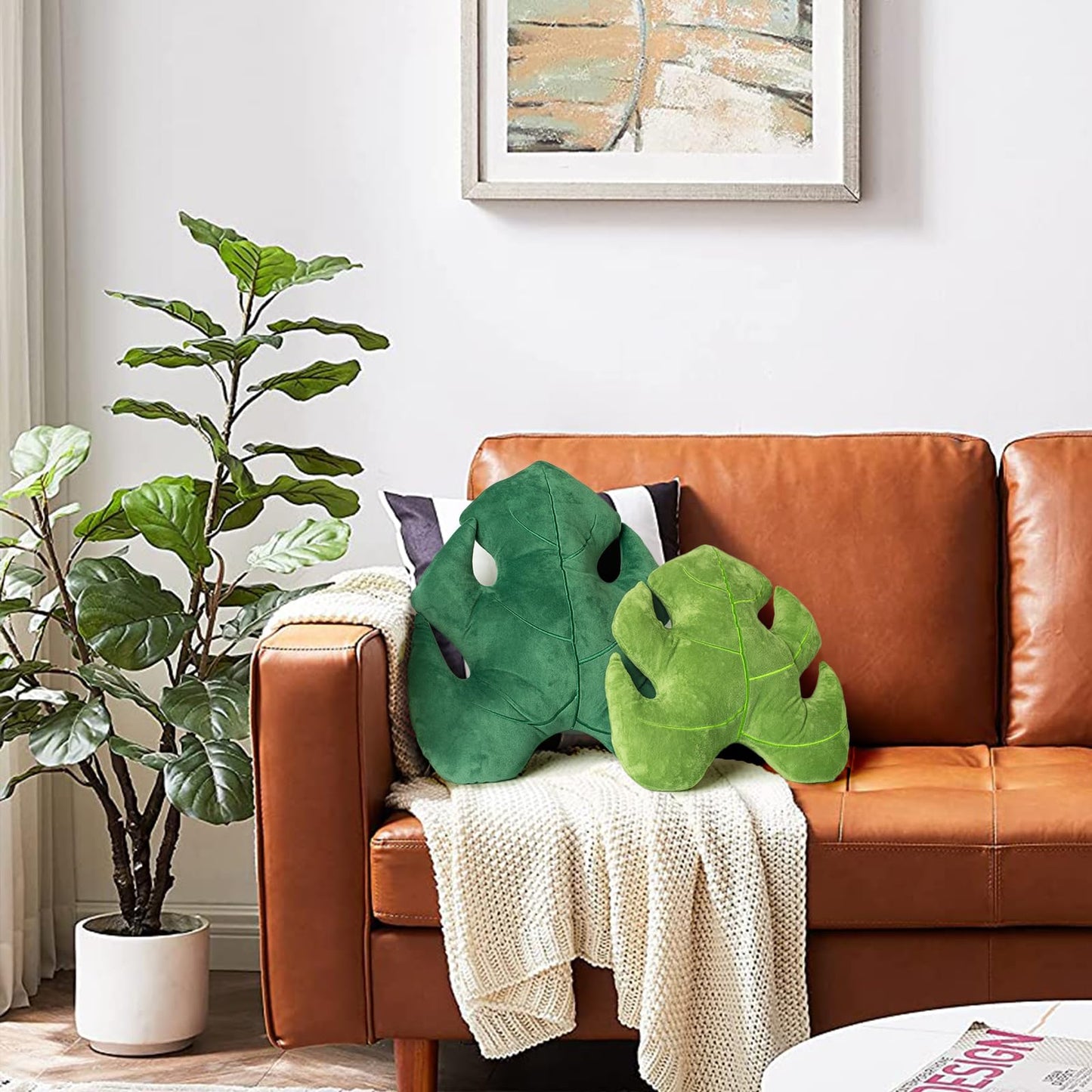 AELS Set of 2 3D Leaves Decorative Throw Pillows, 18"& 14" Monstera Deliciosa Plush Pillow Set for Plant Lovers Garden Lovers, Living Room Bedroom Nursery Decor, Light Green & Dark Green
