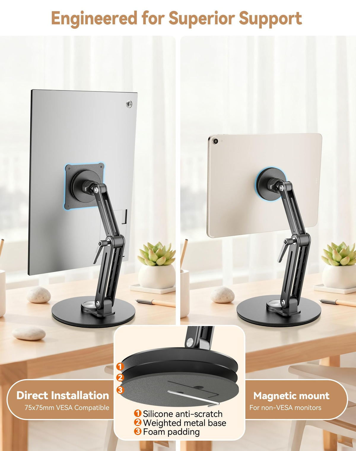 Magnetic Portable Monitor Stand 15.6" - VESA Mount 75mm 13.3" 14.1" 15.6" 17.3" 18.5 inch Screen for Desk Adjustable Foldable 360° Swivel Tool-Free