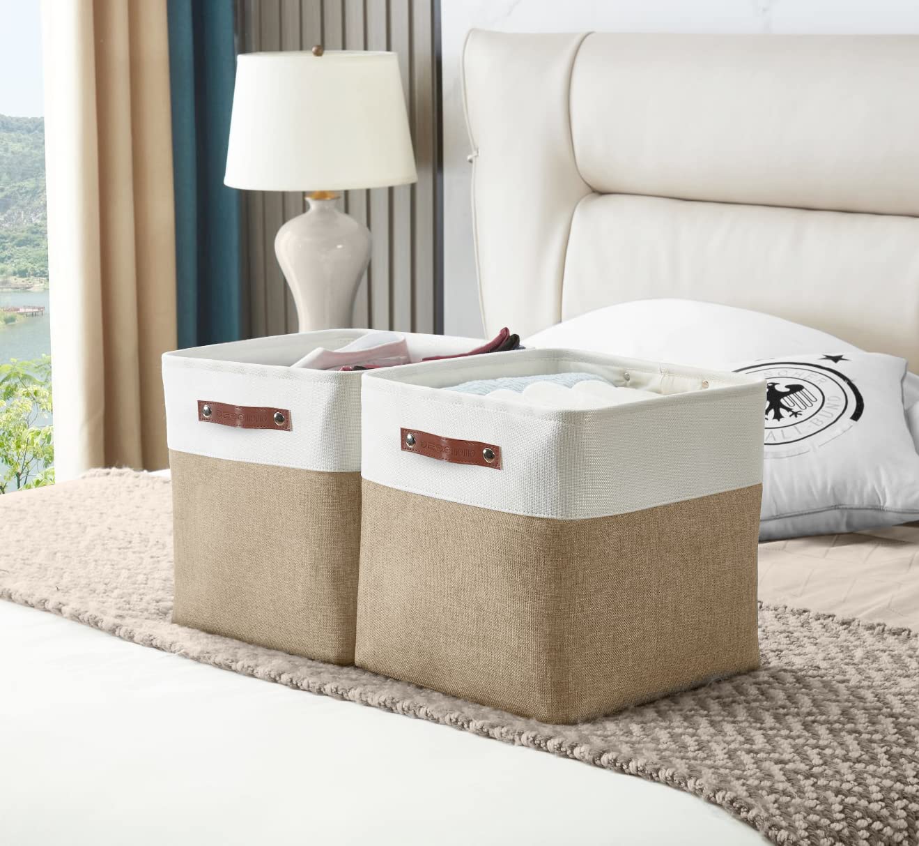 DECOMOMO Cube Storage Bin, Storage Baskets for Shelves, 12x12 inches Collapsible Fabric Storage Cubes (Beige & White, 4pcs)