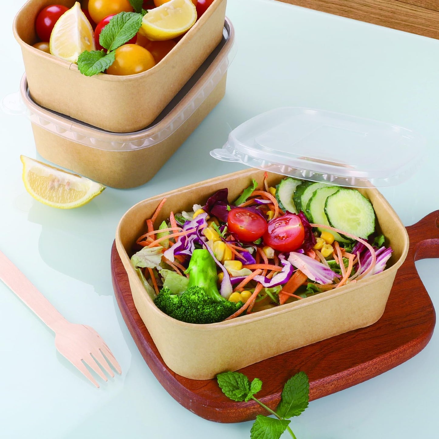 Belinlen 50 Pack 25oz Disposable Kraft Paper Bowls with Lids, Rectangle Paper Food Containers with Lids, Salad Bowls for Hot/Cold Food, Soup, Meal Prep, Ice Cream, Takeout, Party Supplies(750ml)