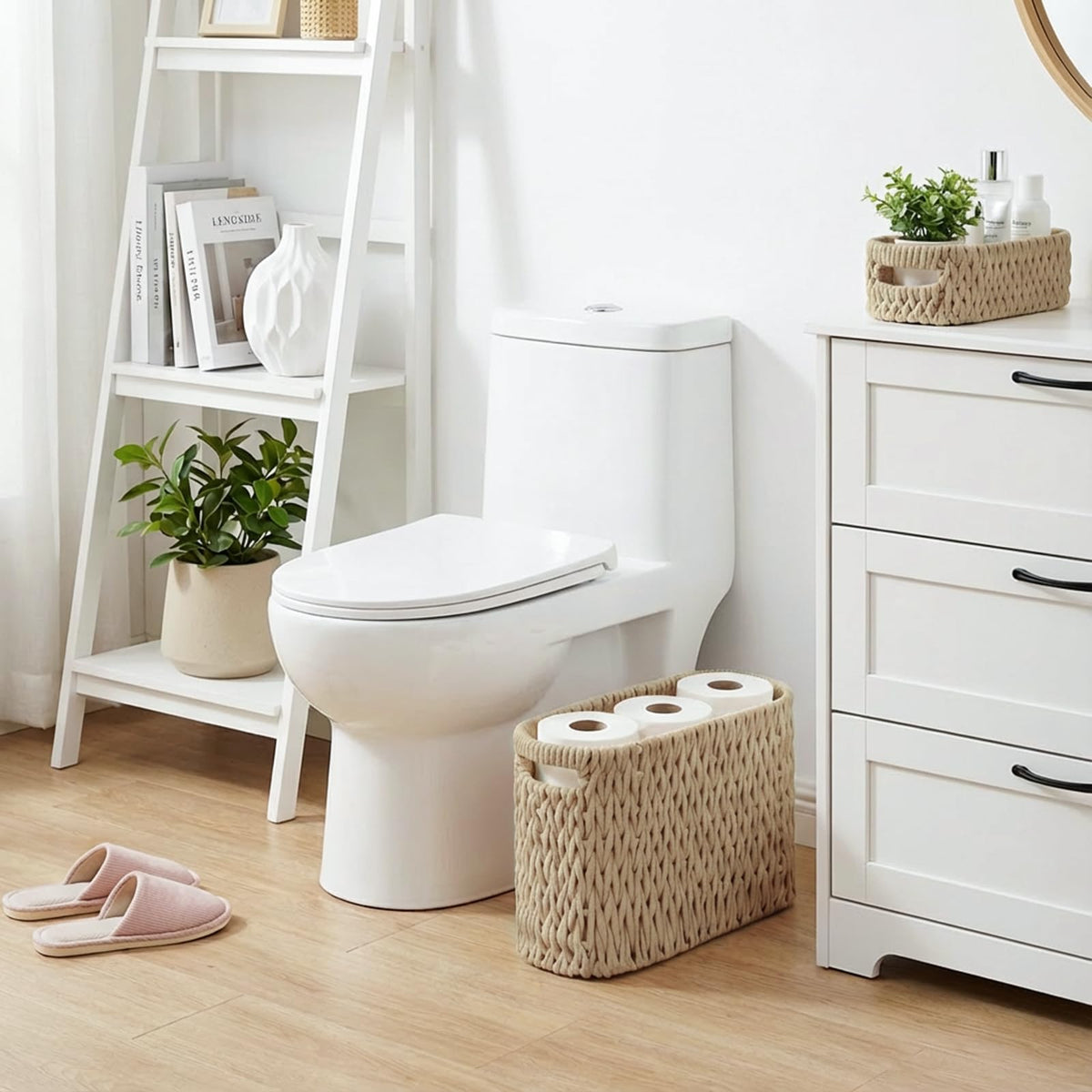 Boho Toilet Paper Storage Baskets, Cotton Rope Woven Bathroom Basket Set of 2, Standing Toilet Paper Holder for 6 Mega Rolls,Storage Bins for Toilet Tank Top, Bathroom Organizer Decor (Brown 2 Pack)