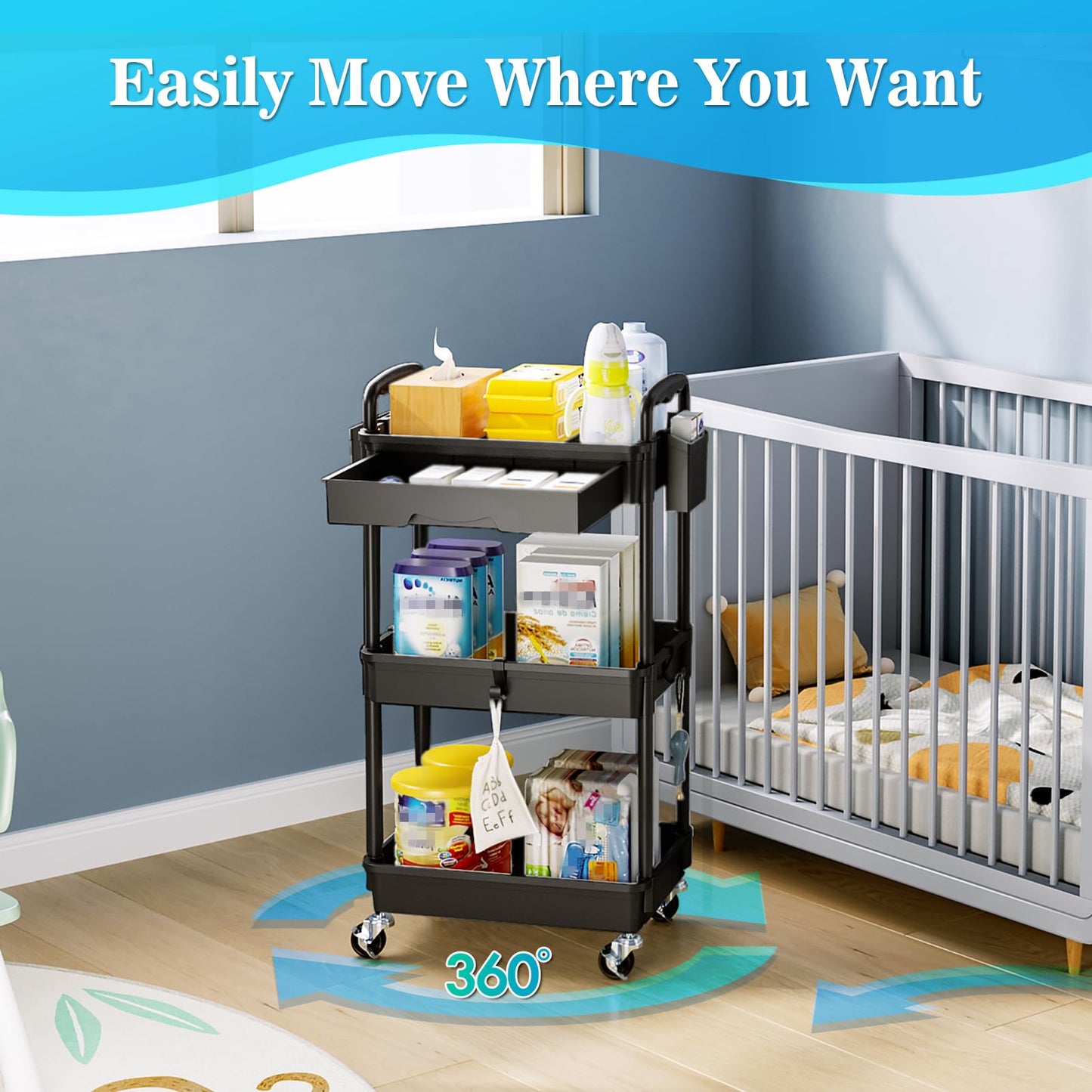 SUNALLY 3 Tier Rolling Storage Carts with Drawer, Storage Cart Organizer with Lockable Wheels Rolling Utility Organizing Cart for Bathroom Kitchen Bedside Art Craft Snack Makeup Lash Nail Baby, Black