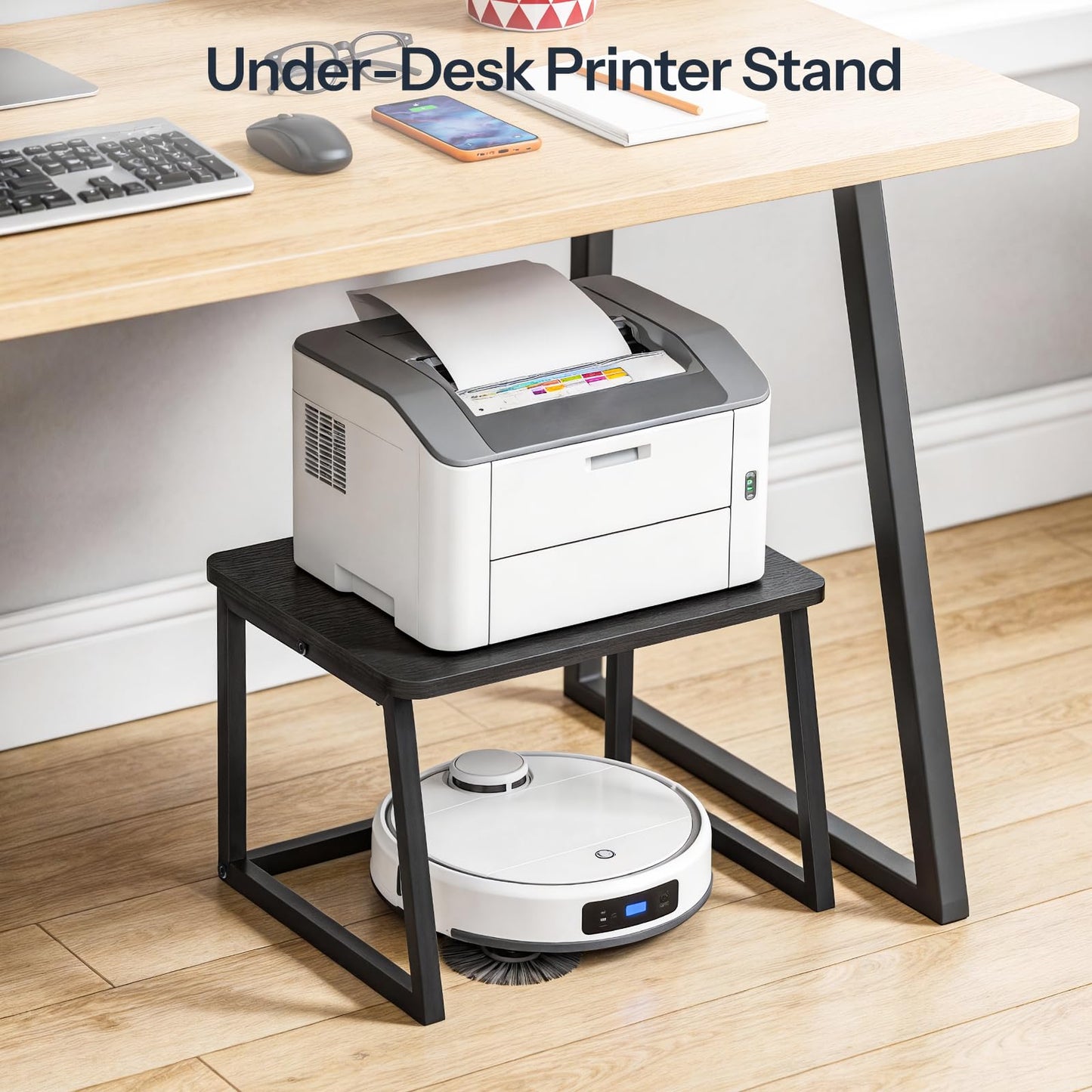 HOOBRO Printer Stand with Storage for Desk, 2-Tier Desktop Printer Shelf, Desk Organizer for Office, Kitchen, Living Room, Black BB16PS01