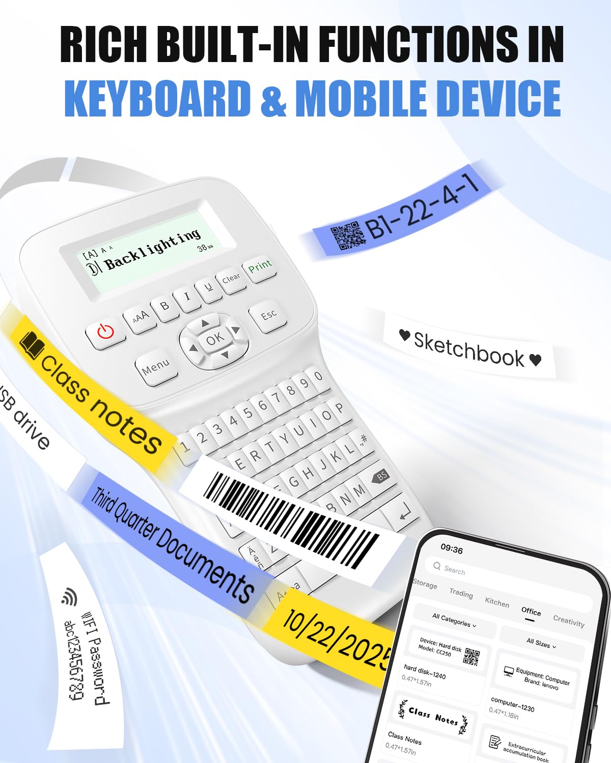 Handheld Label Maker Machine with-Tape Waterproof, Rechargeable Bluetooth Labeler with QWERTY Keyboard, Wire Cable Label Maker with Backlit LCD Screen, Ideal for Home Office School Organization