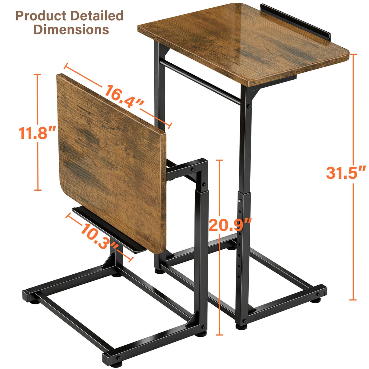 Tv Tray Table, 8-Level Adjustable Height Couch Side Table，90° Tilt Angle Adjustments C-Shaped End Table, with Phone & Tablet Slot Sofa Computer Desk for Couch, Sofa, Bed, Chair, Living Room (Brown)