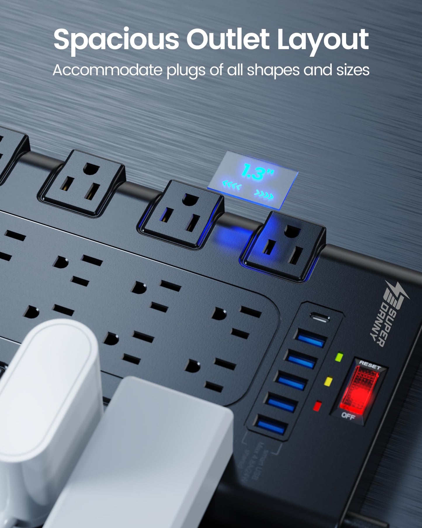 SUPERDANNY Surge Protector Power Bar with 6 USB Charging Ports, Mountable Flat Plug Power Strip, 22 Widely-Spaced Outlets, 2100 Joules, 6.5Ft Heavy Duty Extension Cord for Home, Office, Dorm, Black