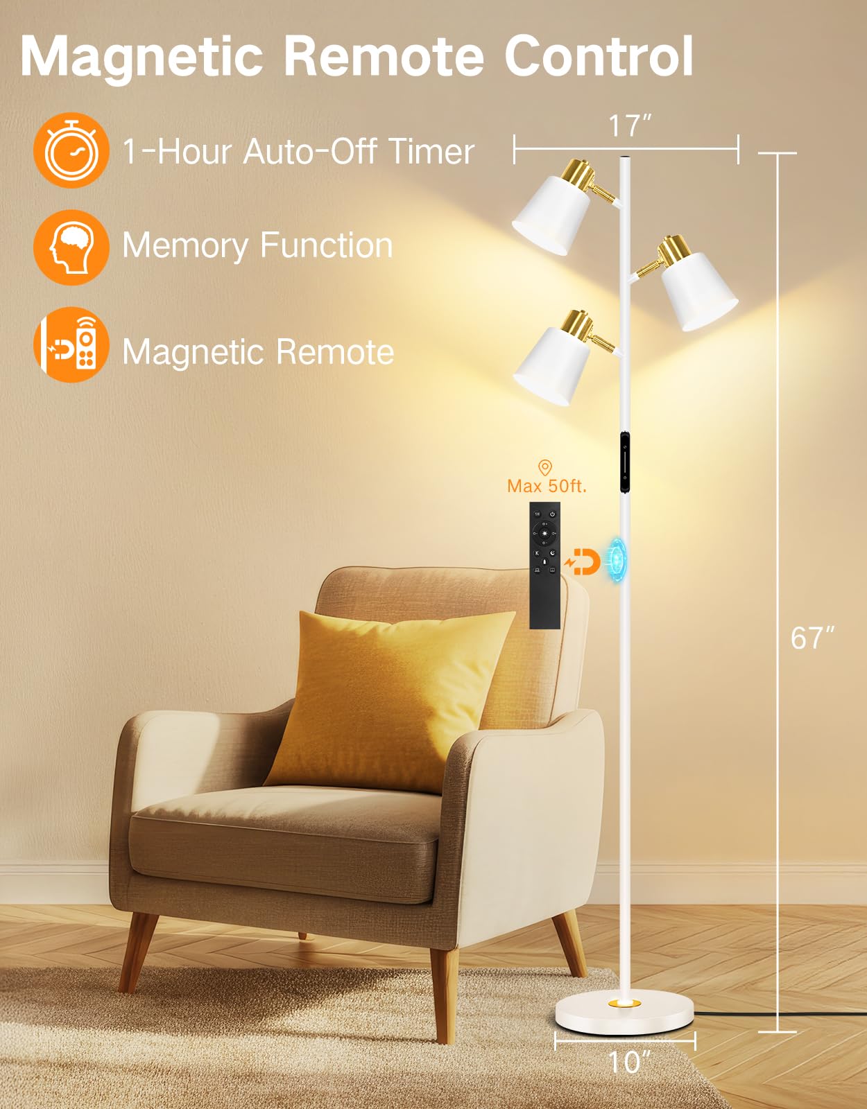 OUTON Tree Floor Lamp, LED Dimmable Floor Lamp with Remote And Touch Slide Control, 4 Color Temperatures, 3 Rotatable Lights, Modern Standing Lamp for Living Room Bedroom Office, Bulbs Included, White