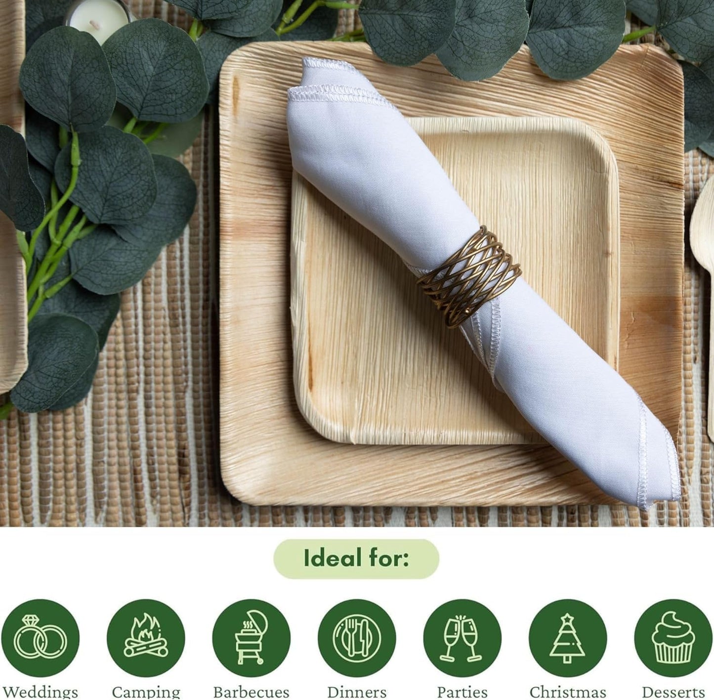 Dtocs Palm Leaf Plates 10 Inch Square 50 Dinner Plates Set | Bamboo Plates Disposable Like Compostable Plates, Disposable Charcuterie Boards, Platters | Disposable Plates Sturdy Than 10" Paper Plates