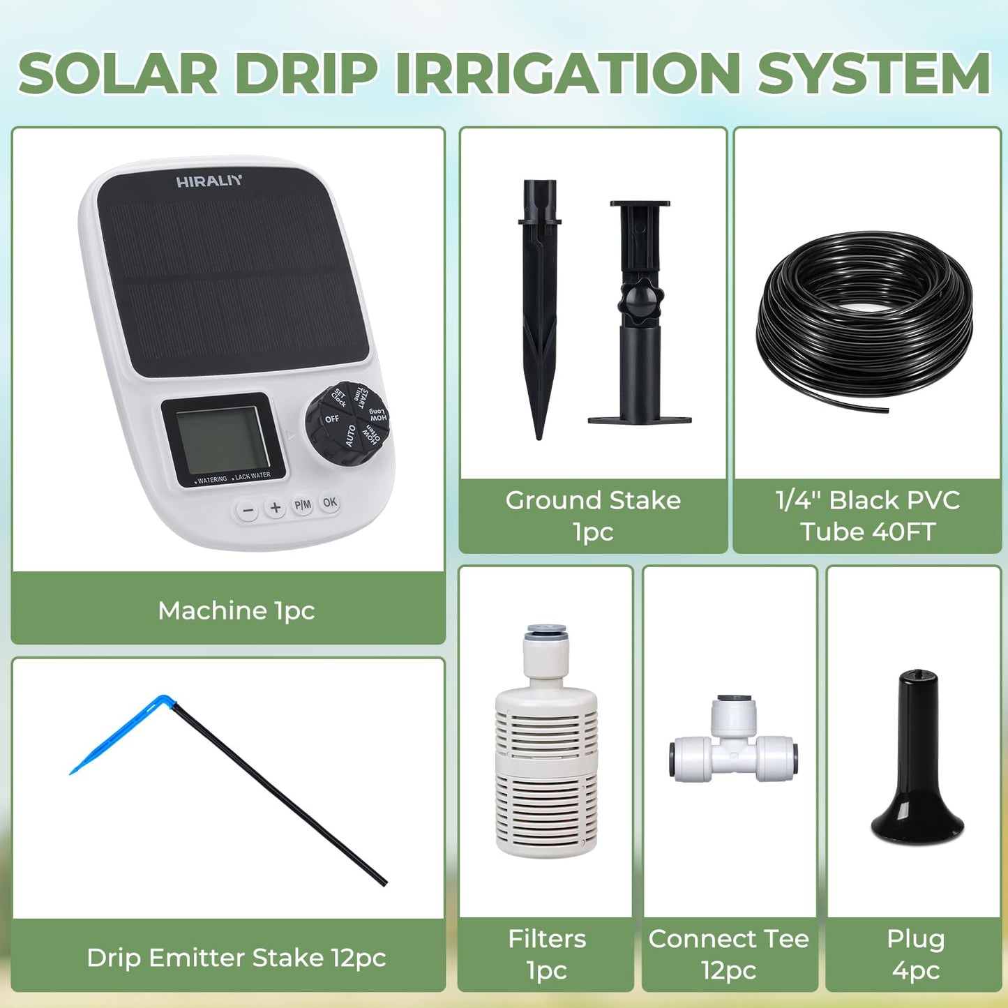 HIRALIY Solar Automatic Drip Irrigation Kit System with Drip Emitter Stake, Auto Easy DIY Watering Device Supported Pots Plants, 6 Modes Timer