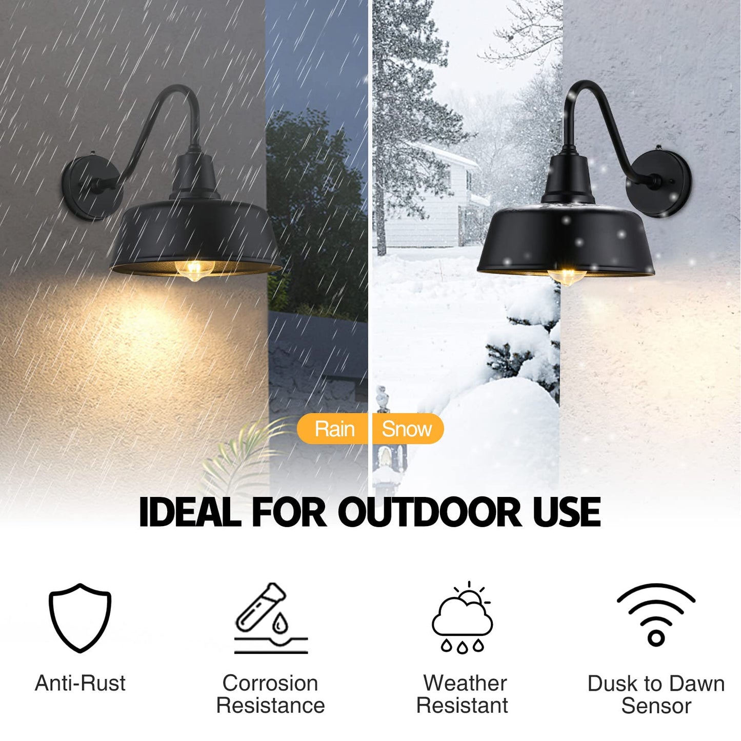 Naurham Barn Lights Outdoor Gooseneck Lighting, Dusk to Dawn Black Exterior Barn Lights for House, Farmhouse Wall Lighting Fixtures with Sensor for Porch Garage (1, 11" Diameter)