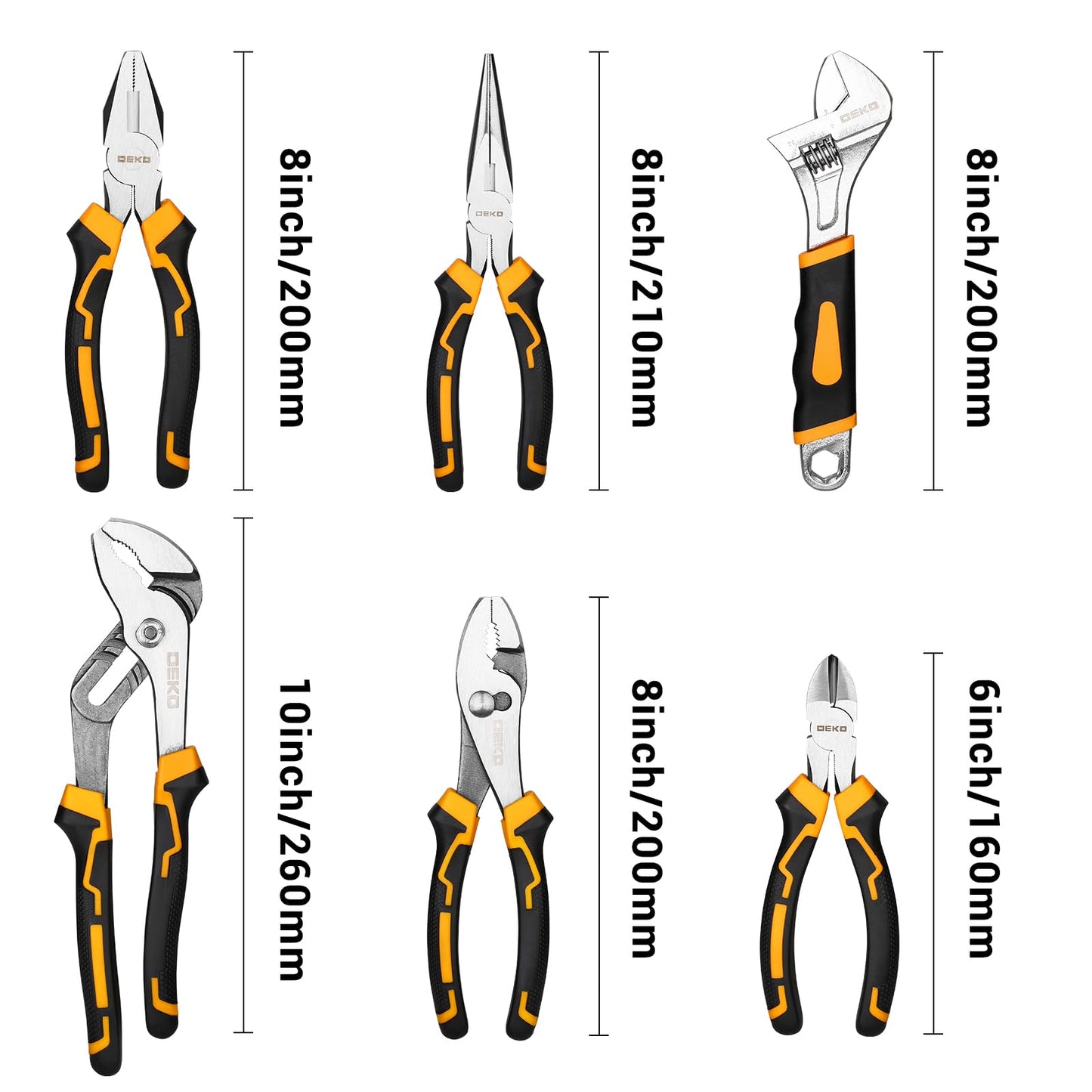 DEKOPRO 6PCS Pliers Set, Plier Set with 10" Groove Joint, 8" Long Nose, 8" Slip Joint, 8" Linesman Plier, 8" Adjustable Wrench and 6" Diagonal Pliers with Storage Bag for DIY & Home Use