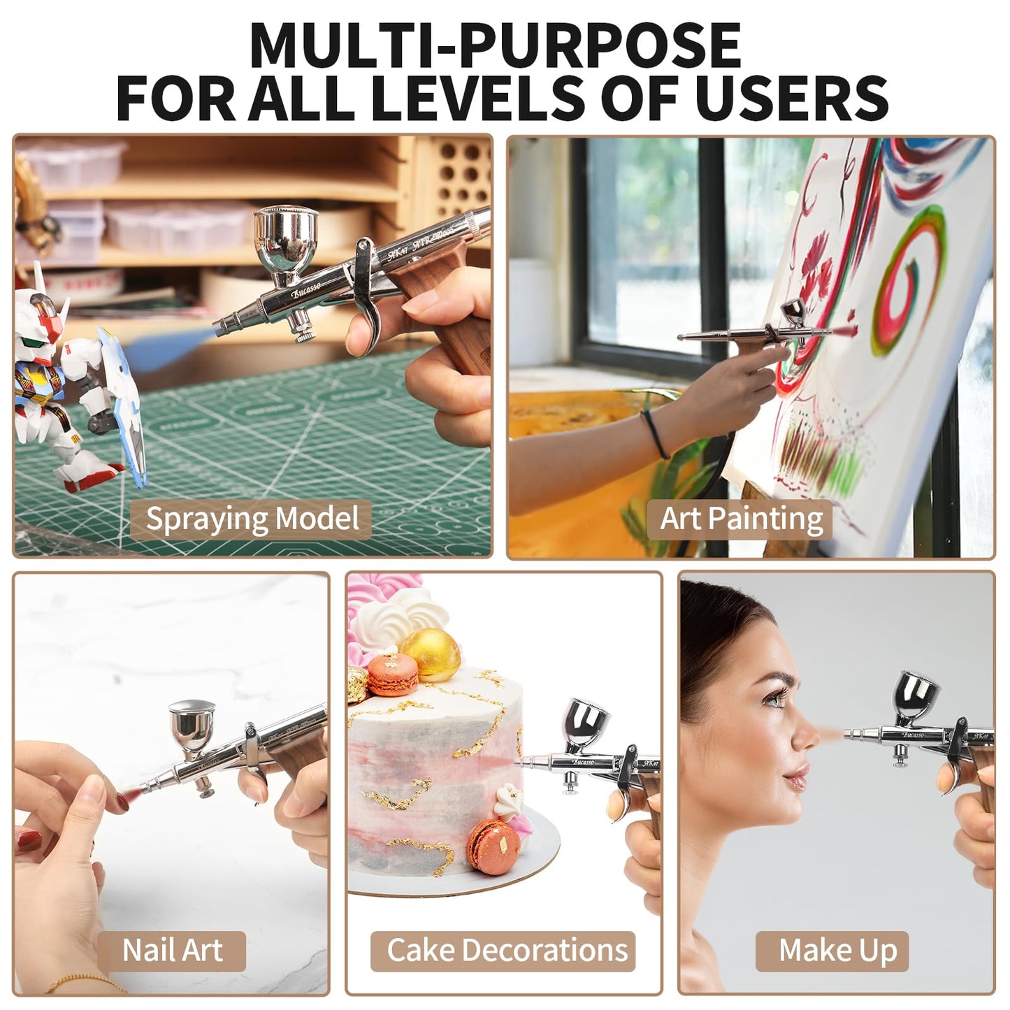 Bucasso Airbrush Kit, Air Brush Spray Gun with 0.3mm/0.5mm/0.8mm Needles/Nozzle Sets, 3cc/7cc/11cc Replaceable Fluid Cup for Painting Model Nails Cake Tattoo Makeup