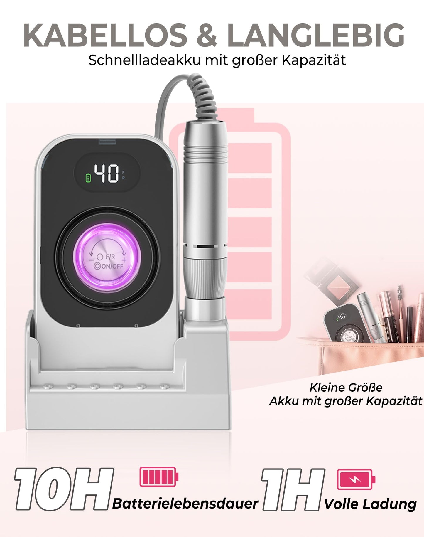 Efile Nail Drill, Professional Nail Drill 40000 RPM Electric Nail File Professional Chargeable Machine Chargeable for Gel Nails Kit with 7 Nail File Bits, Portable File At Home And Salon (Grey)