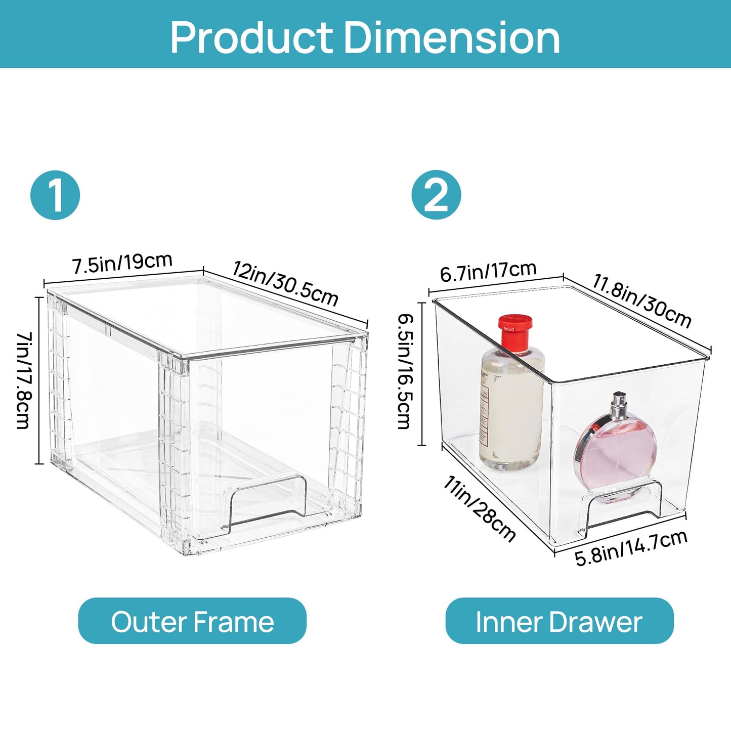 Vtopmart 4 Pack Large Stackable Storage Drawers,Clear Acrylic Drawer Organizers with Handles, Easily Assemble for Bathroom,Kitchen Undersink,Cabinet,Closet,Makeup,Pantry Organization and Storage