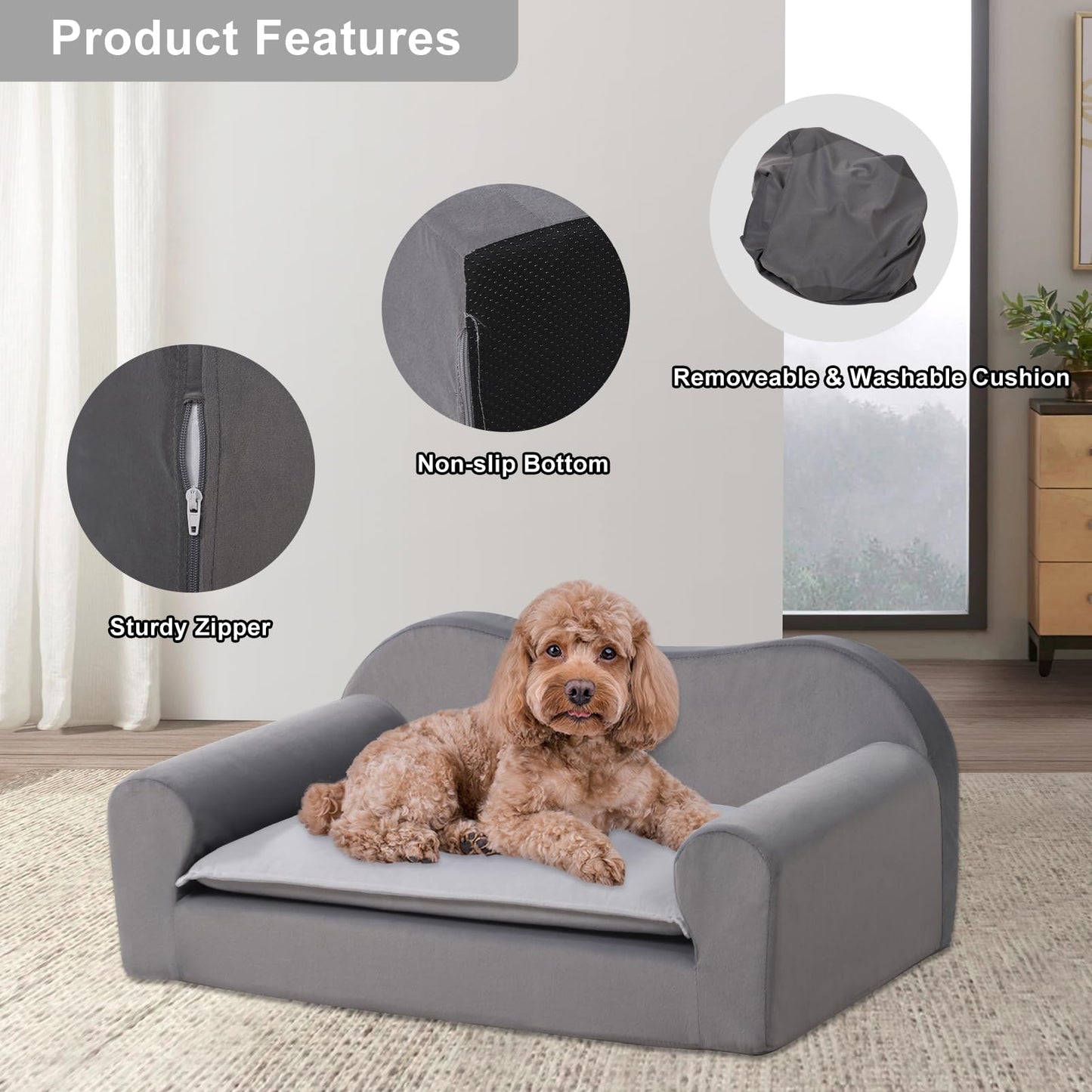 Cat Couch Bed for Indoor,Comfort Small Dog Sofa,Pet Couch for Puppy and Kitten,with Removable Washable Cover and Non-Slip Bottom (Light Grey)