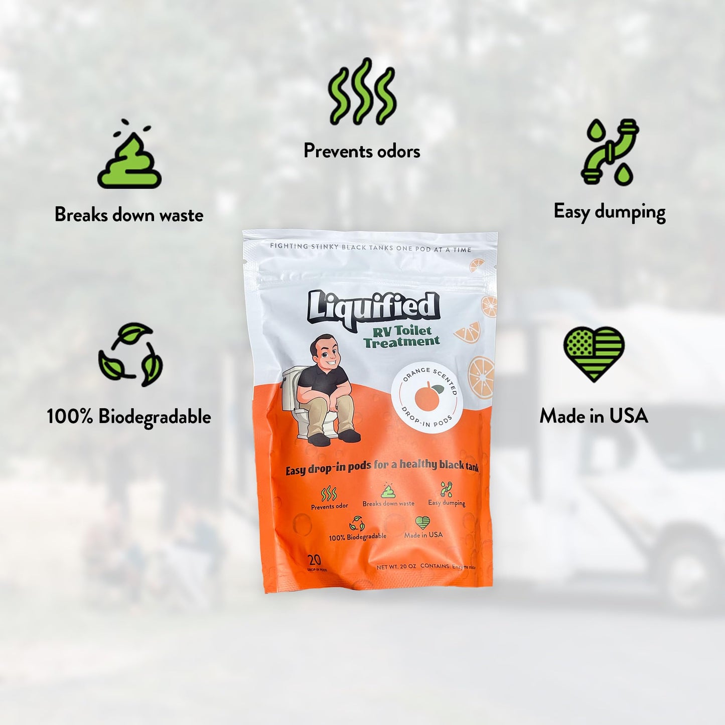 Liquified RV Toilet Treatment Drop-Ins - Prevents Tank Odors - Breaks Down Waste and Tissue - Septic Tank Safe - Matts RV Reviews - Orange Scent - 20 Treatments (20 1oz pods)