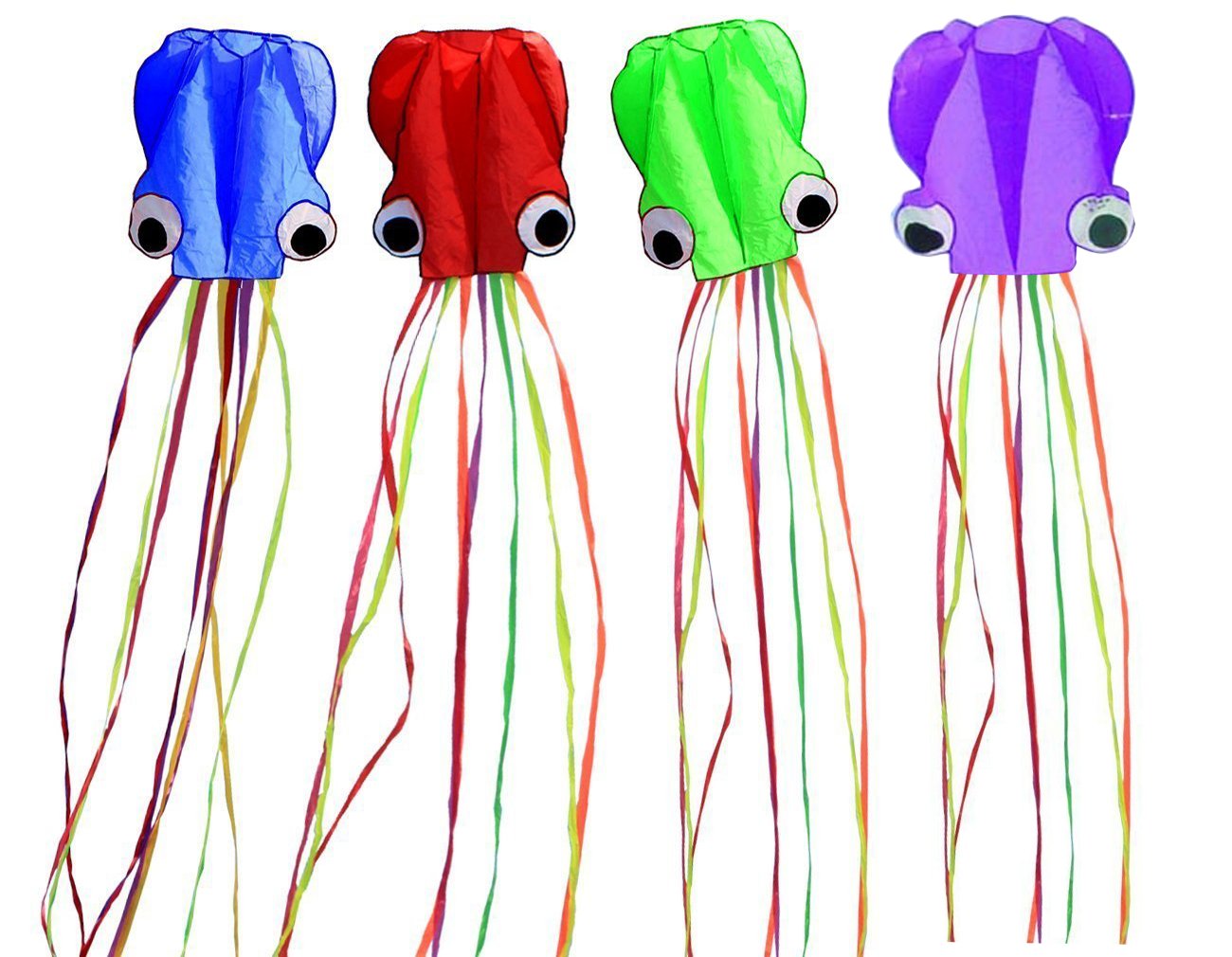 Set of 4 Large 157.5" High Cartoon Big Round Eyes Octopus Kites with Colorful Ribbon and Kite Board with 98.4 Foot String for Kids Toy Enjoy Parent-Child Time Beach Park Outdoor