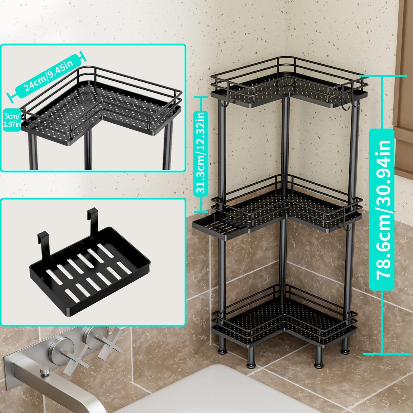 HapiRm Corner Shower Caddy Standing - 3 Tier Shower Caddy Corner Stand with Shampoo Holder, Floor Bathroom Shelves with 4 Hooks, Black