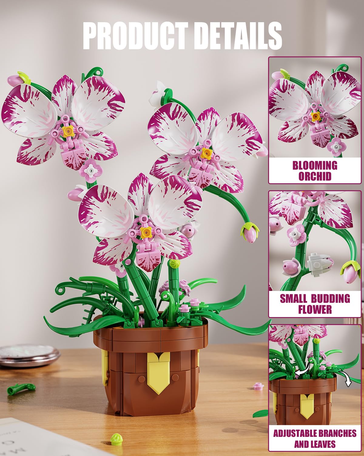 Flowers Botanicals Orchid Building Set - Artificial Flower Building Blocks for Adult Women, Bonsai Plants Indoor Home Office Desk Decor Christmas Birthday Gift for Adults Kids Girls 6-12 (323 PCS)