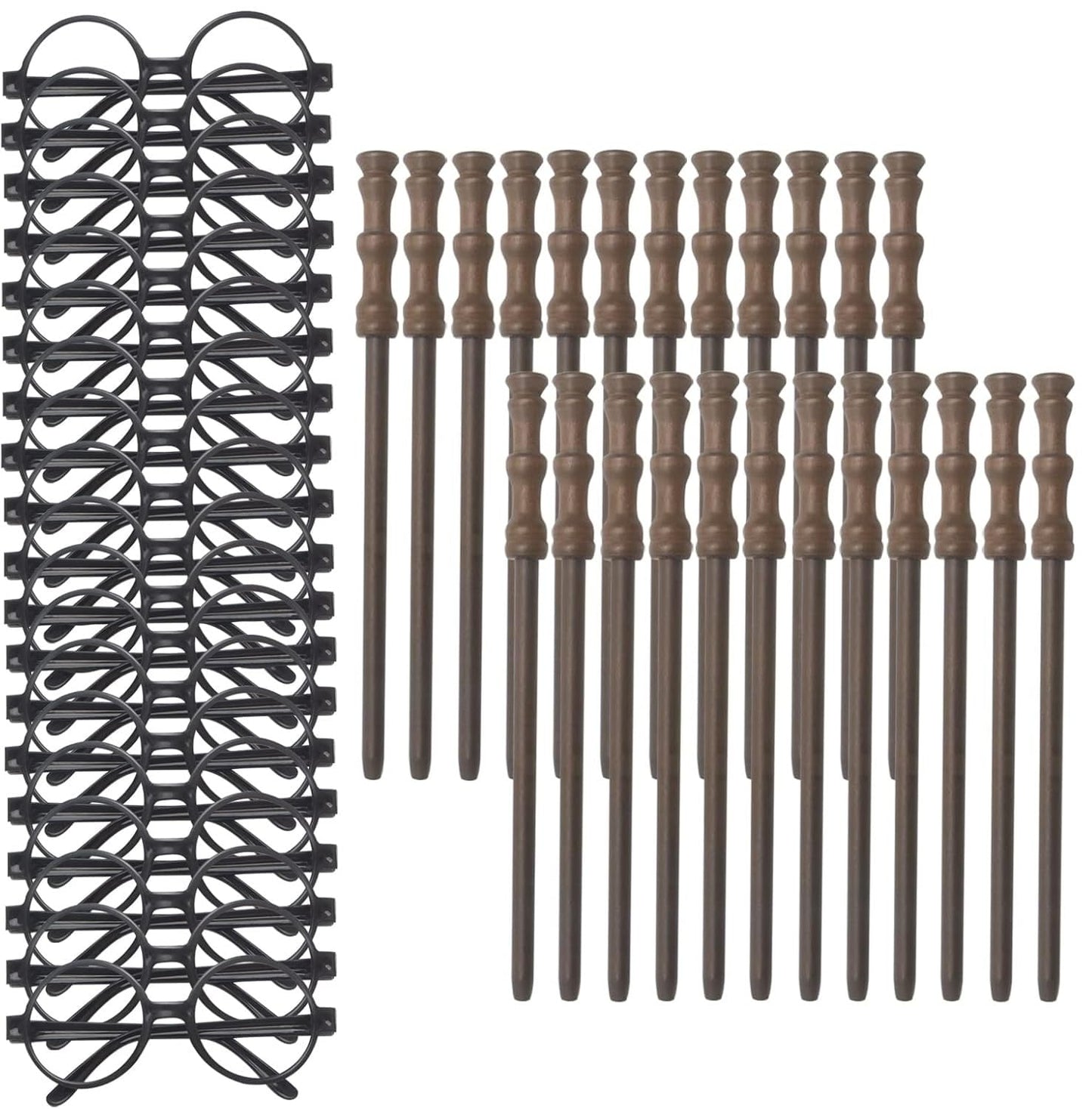 Cosplay Party Supplies -24pcs Wand Pencil, 24pcs Black Glasses with Round Frame No Lenses , Birthday , Cosplay Party Decor, Halloween (48pcs all)