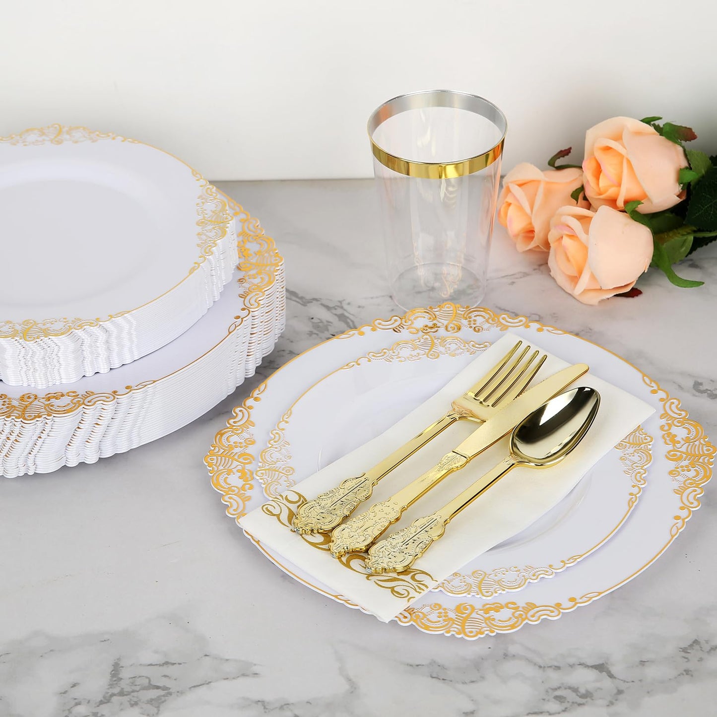 175PCS Gold Plastic Dinnerware White and Gold Plastic Plates for Party Include 25 Dinner Plates, 25 Dessert Plates, 25 Forks, 25 Spoons, 25 Knives, 25 Cups 25 Linen Napkins for Wedding, Birthday