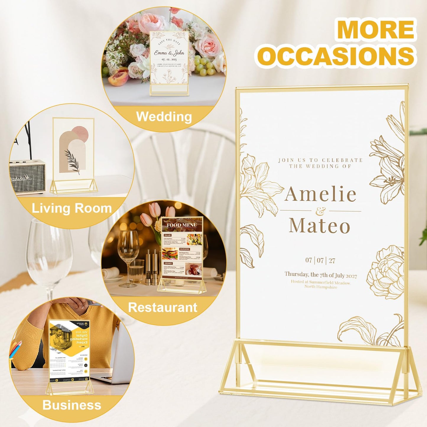 Acrylic Sign Holder, Double Sided Gold Picture Frame Stand up Table Top Sign Holders, Clear Display Stand Menu Flyer Holder for Wedding Party (14 Pack 5 x 7 Inch)