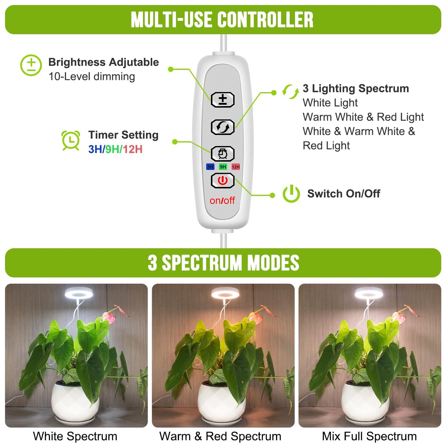 Kullsinss Grow Lights for Indoor Plants, 48 LED Full Spectrum Halo Plant Light, Height Adjustable Growing Lamp with Detachable Base, 3H 9H 12H Timer, 10 Brightness, Ideal for Small Plants, 3 Pack