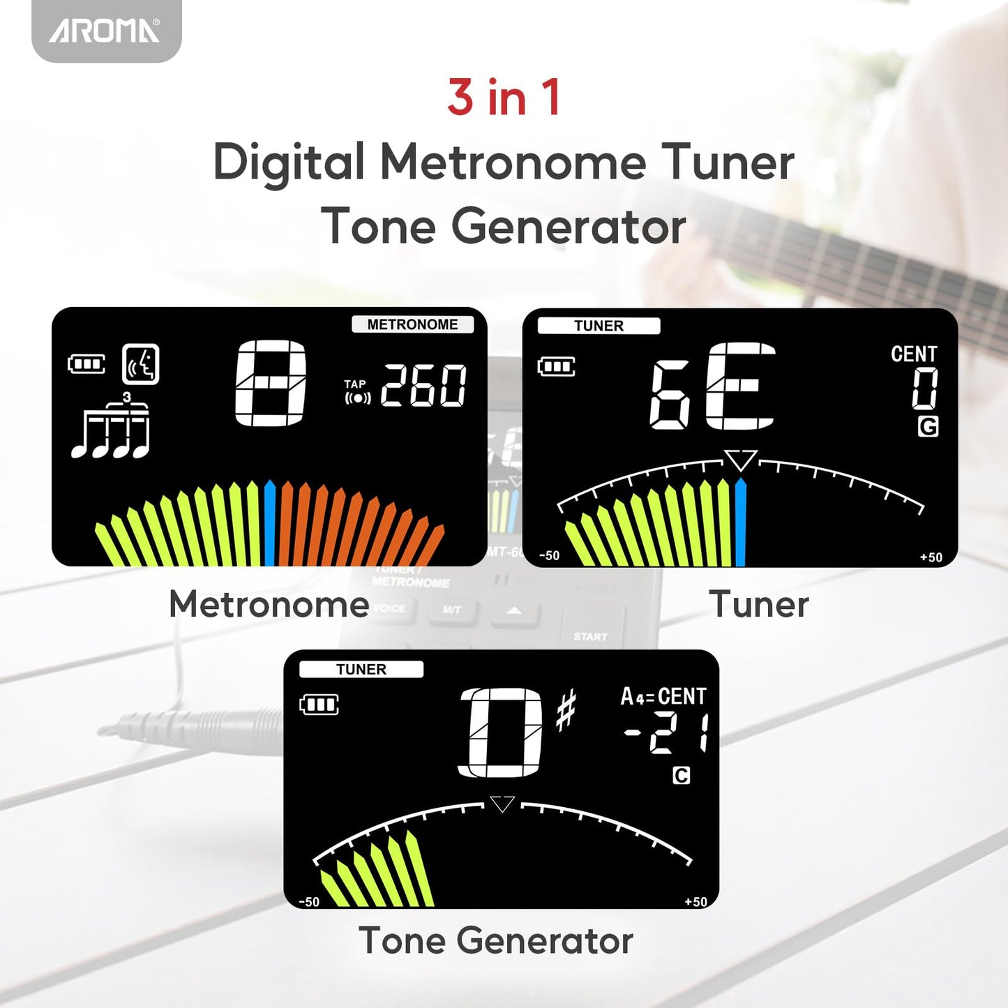 Aroma Digital Metronome Tuner Rechargeable for All Instruments with Guitar Bass Violin Ukulele Chromatic and Wind Instruments Tuning Modes