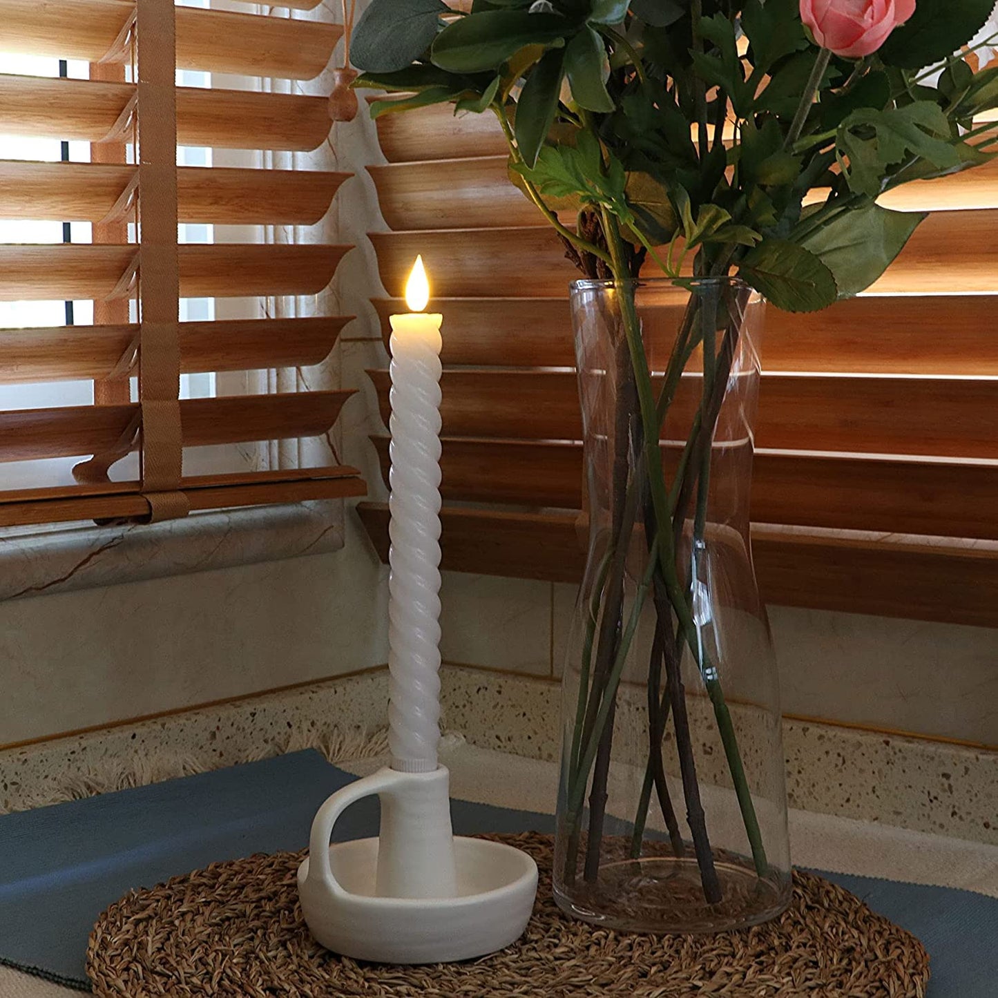 Rhytsing 10" White Flameless Twist Taper Candles with Timer, Battery Operated Spiral Taper Candles, Warm White Light, Remote & Batteries Included - Set of 4
