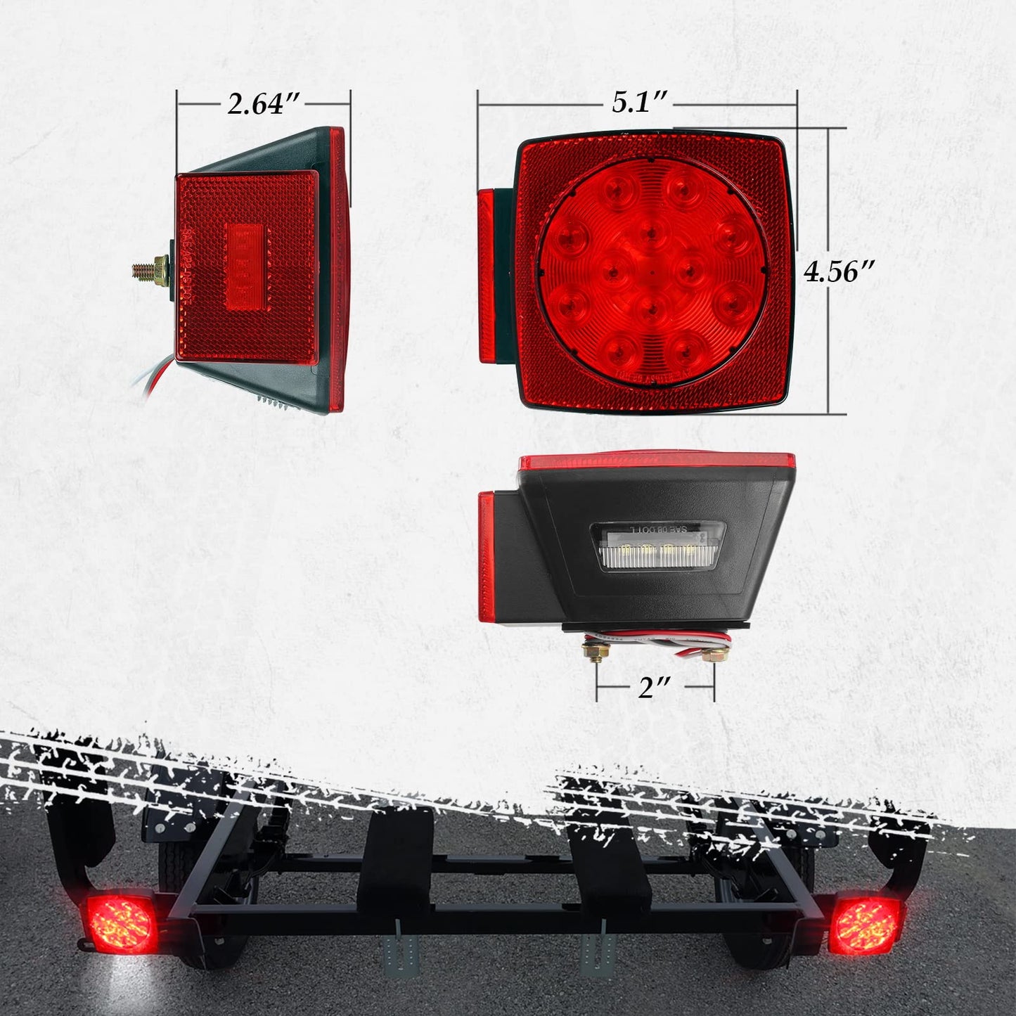 Partsam 2pcs Waterproof Square Led Trailer Light Kit Red LED Stop Turn Tail License Brake Running Light Lamp w Steel Mounting Boxes License Bracket for Under 80" Trailer Boat Truck IP68 DOT Approved