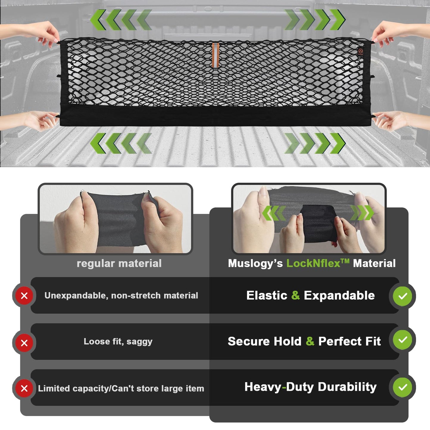 Muslogy Truck Bed Cargo Net Compatible with Chevy Silverado & GMC Sierra 2019-2025 Accessories Storage Organizer Pickup Truck Bed Envelope Style Cargo Net with Heavy Duty Carabiners