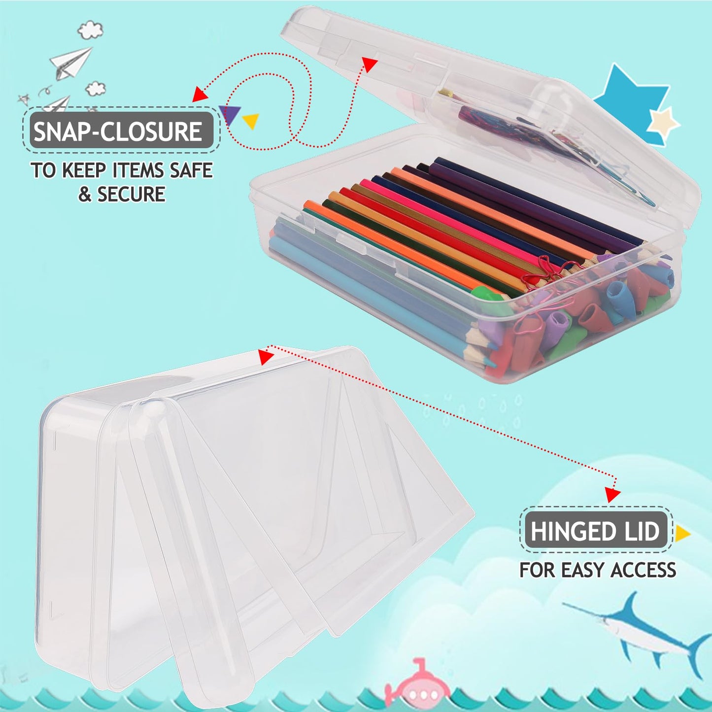 6 PCS Pencil Box,Large Capacity Double Layer Pencil Box,Hard Pencil Case with Snap-Tight Lid, Plastic Pencil Boxes for Office School Supplies,Storage Organizer Pen Boxes for Gel Pens-Transparent