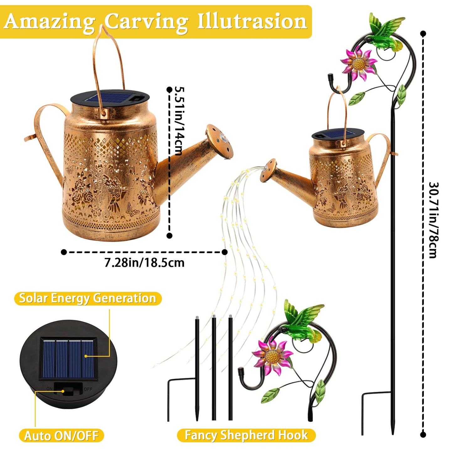 Solar Lanterns Outdoor Waterproof,Hummingbird Watering Can Garden Decor,Hanging Solar Path Lights Yard Art,Outside Patio Decorations Gardening Birthday Gifts for Mom Grandma Women with Shepherd Hook