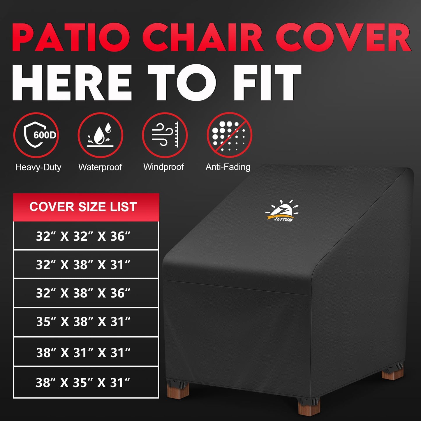 Zettum Patio Chair Covers 2 Pack - 600D Outdoor Chair Cover Waterproof & Heavy Duty, Lawn Lounge Furniture Cover for Wicker Chair, Swivel Chair, Rocking Chair, Single Sofa Chair - 32 x 32 x 36 Inch
