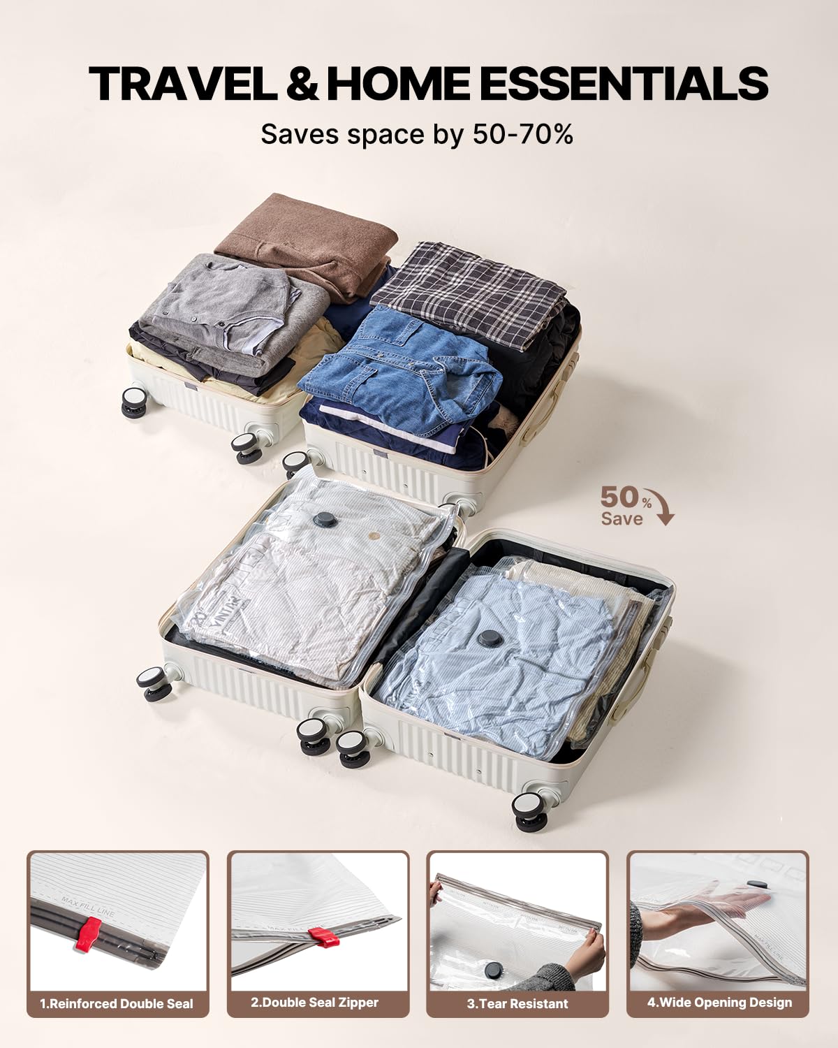 Vacuum Bags for Travel with Rechargeable Cordless Pump, VINTAR 16 Combo (4J+4L+4M+4S) Sealer Bags for Clothes Storage Travel, Space Saver Compression Packing for Suitcase and Luggage