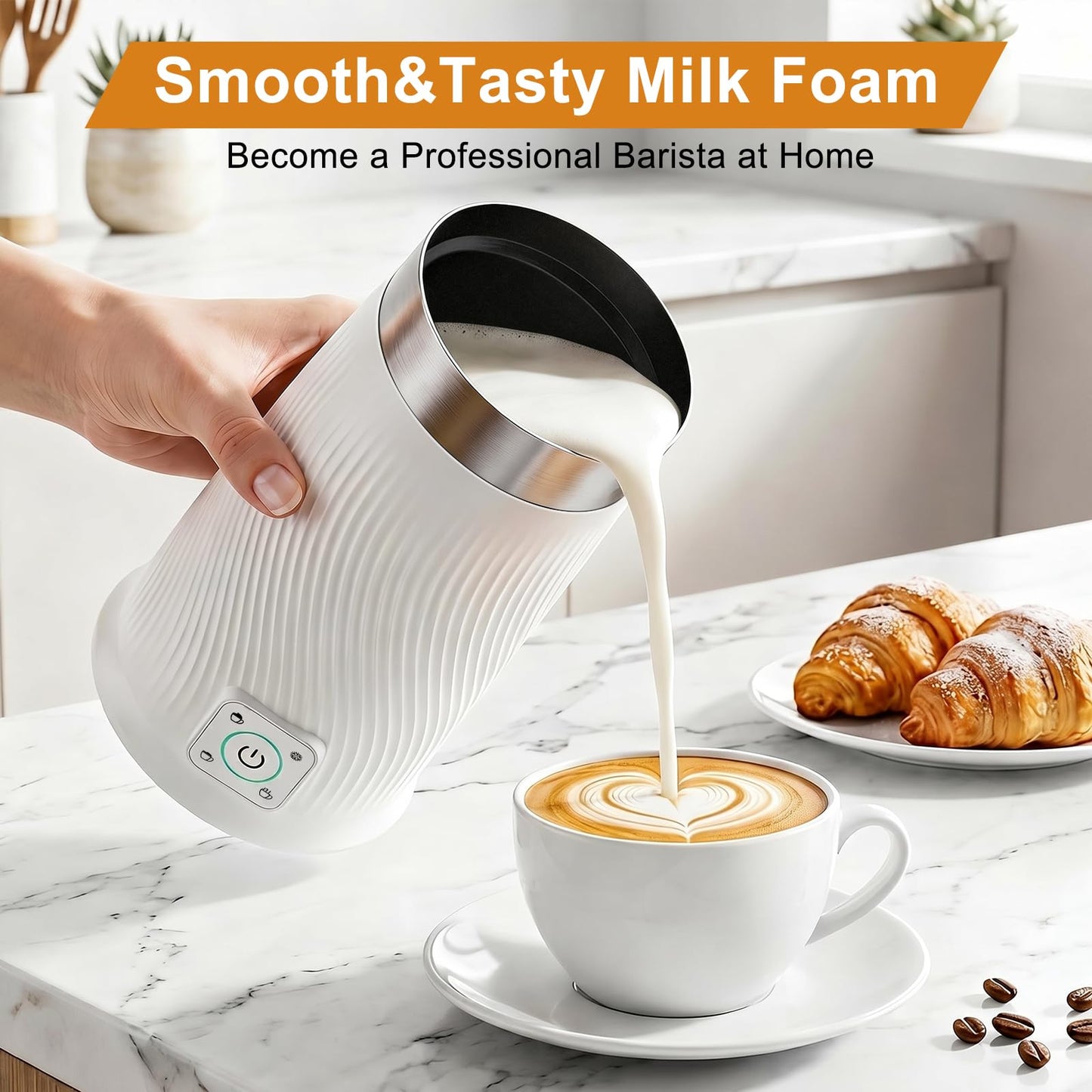 Milk Frother, 4-in-1 Electric Milk Steamer with Warm and Cold Foam Maker, Milk Heater and Warmer Hot & Cold Milk Foamer Maker for Latte Coffee Chocolate (White)