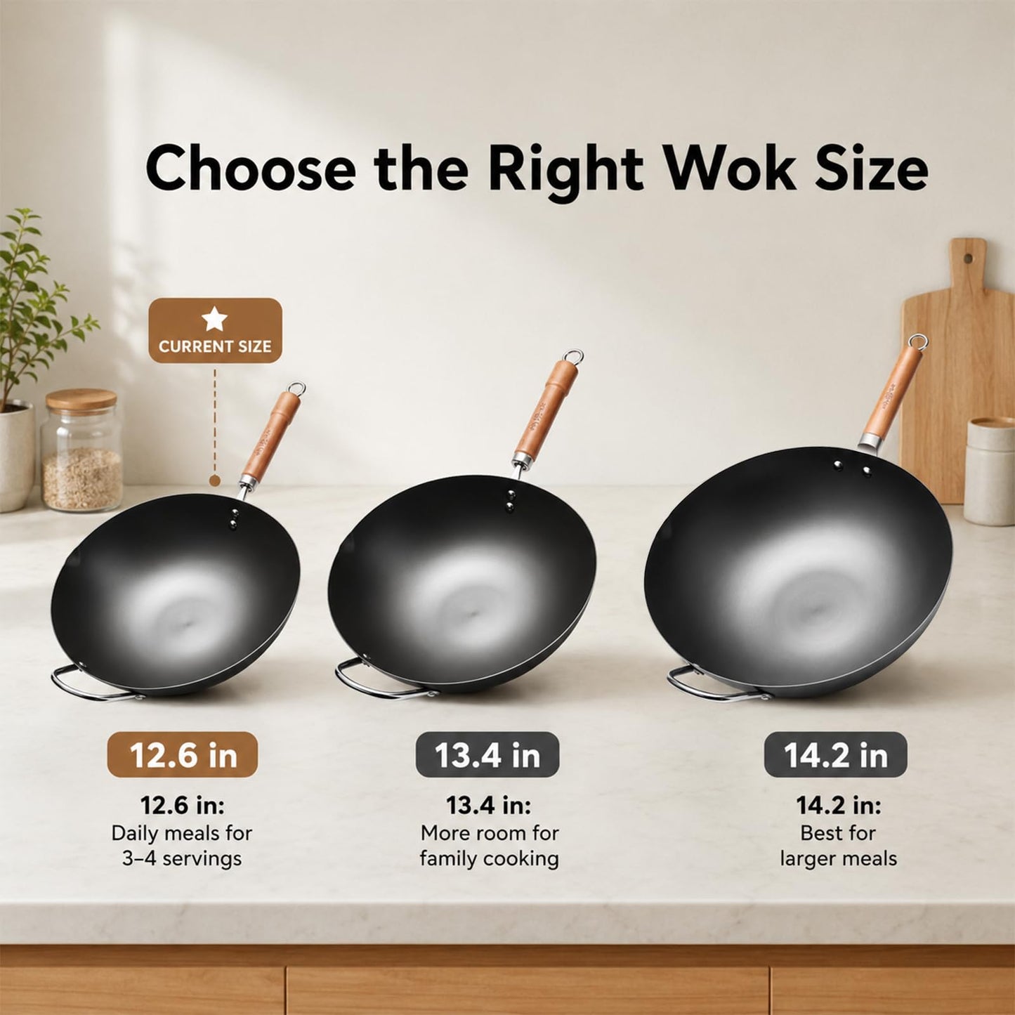 WANGYUANJI Carbon Steel Wok Pan, 12.6" Woks & Stir-Fry Pans with Glass Lid No Chemical Coated Flat Bottom Iron Wok for Induction, Electric, Gas, Halogen All Stoves