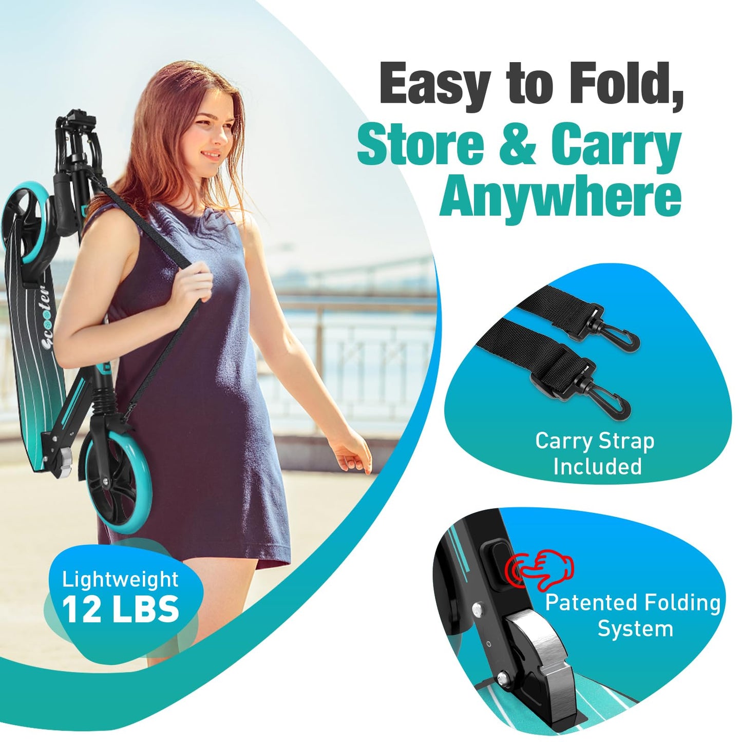 BELEEV V5 Scooters for Kids, Adults, Teens, Quick-Release Foldable System, Front Suspension System, 200mm Big Wheels Scooter with 4 Adjustable Height, Kick Scooter with Carry Strap, Teal