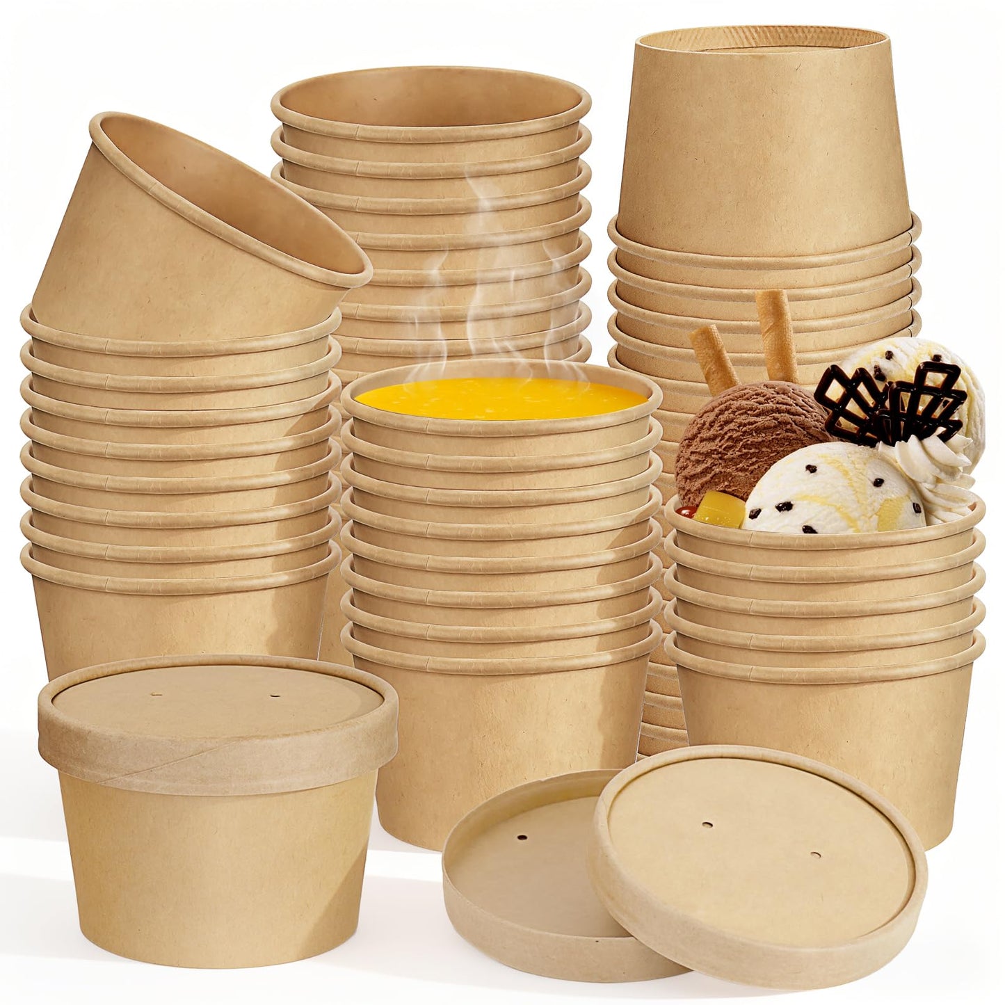 100 Pack 8 oz Paper Soup Containers with Vented Lids, Disposable Kraft Paper Food Containers to Go Hot Soup Bowls Ice Cream Cup Dessert Cup for Restaurants (Kraft)