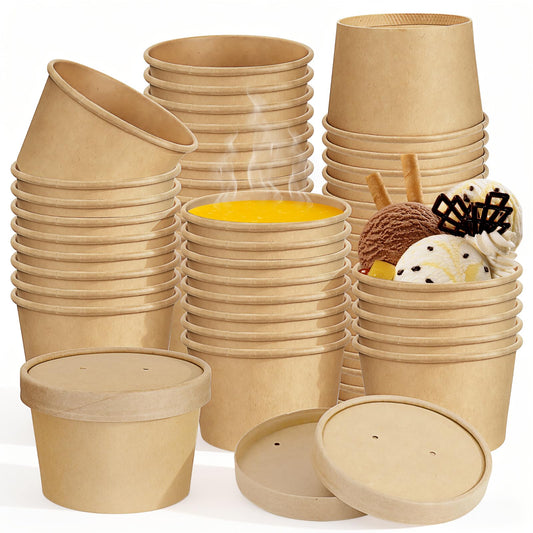 100 Pack 8 oz Paper Soup Containers with Vented Lids, Disposable Kraft Paper Food Containers to Go Hot Soup Bowls Ice Cream Cup Dessert Cup for Restaurants (Kraft)