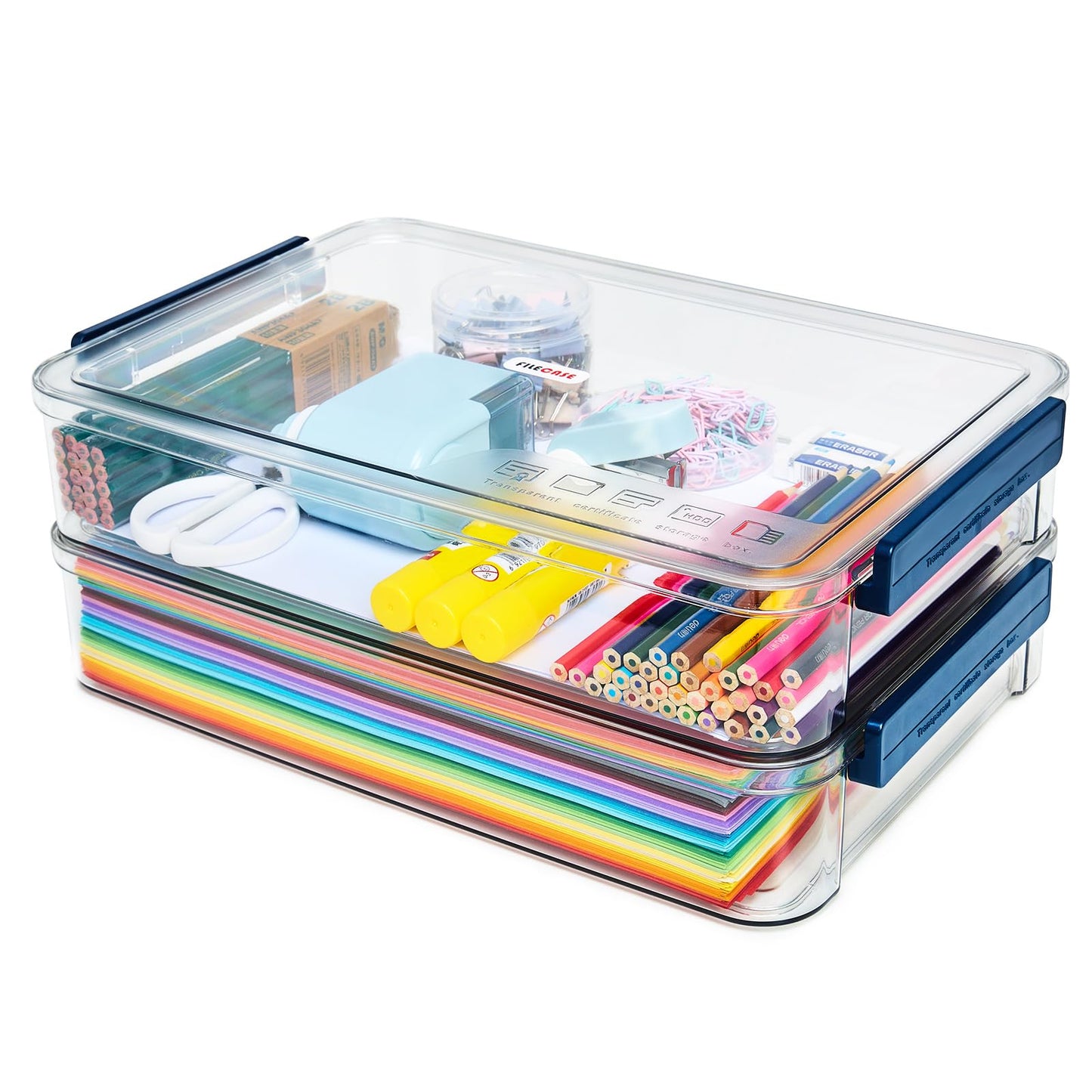 CATOOMUU 2 Pcs 9 x 13 Plastic Portable Project Case With Snap-Tight Latch Clear Stackable Storage Box With Lids Organizer Container For A4 File Documents Scrapbook Craft Art Supplies (Blue, Large)