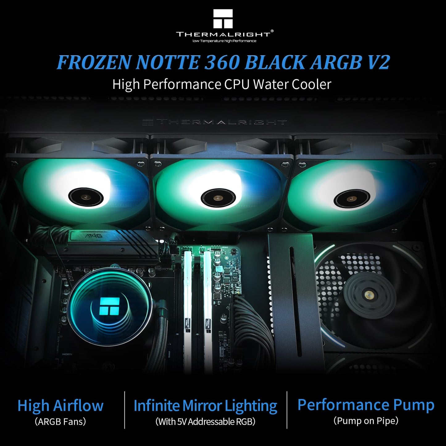 Thermalright Frozen Notte 360 Black ARGB Water Cooling CPU Cooler, 360 CPU Cooler Specifications, 3×120mm PWM Fans, S-FDB V2 Bearings, Suitable for AMD/AM4, Intel LGA 1700/1150/1151/1200/2011/2066