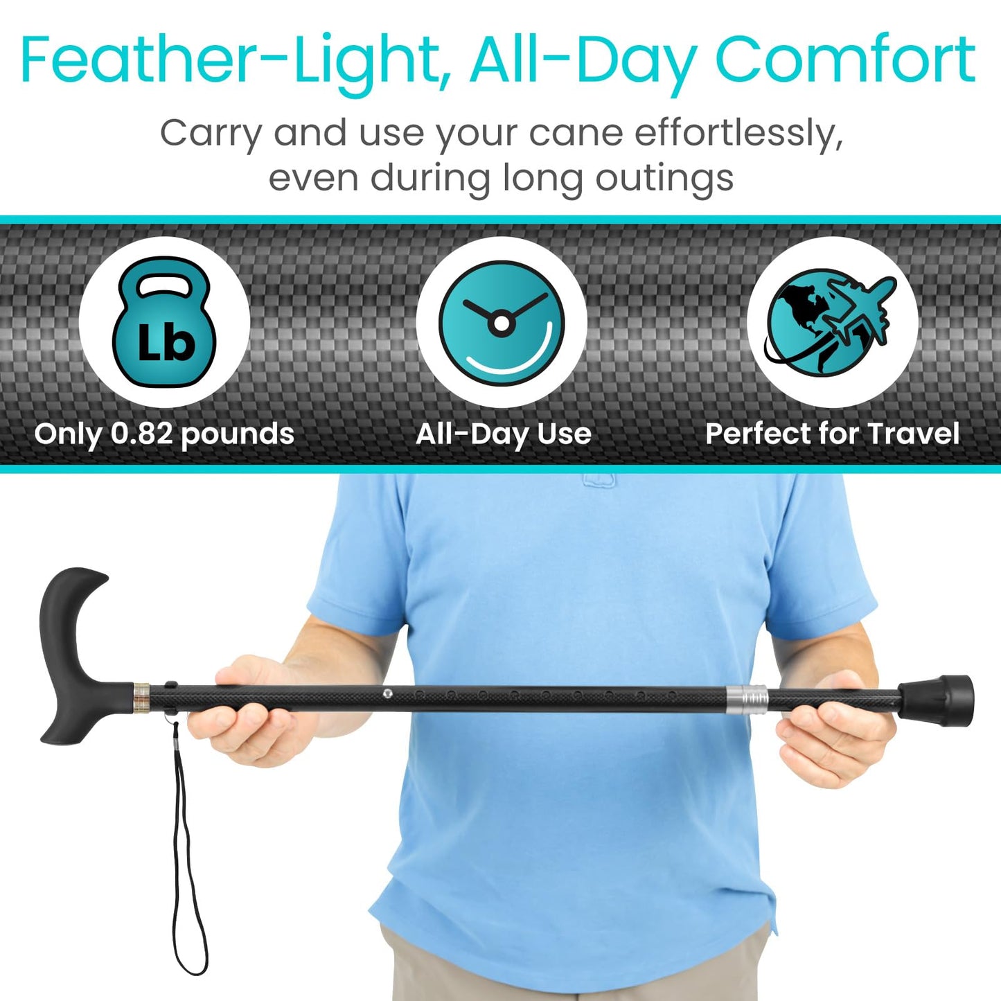 Vive Adjustable Walking Cane, Carbon Fiber - Lightweight Stick for Men, Women - Mobility Aid, Adjust Height, Rubber Tip-Portable Hurry Support for Seniors, Elderly, Balance-Ultra Light, Soft Hand Grip