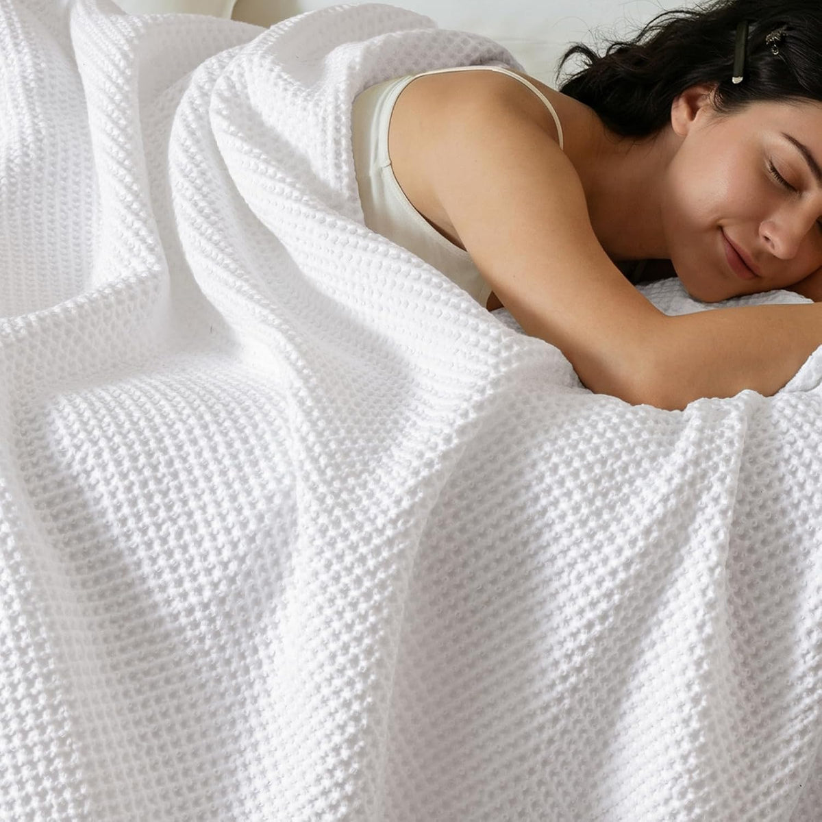 PHF 100% Natural Cotton Waffle Blanket Queen Size, Washed Soft Lightweight Breathable Comfy Throw, Elegant Decor for Bed Sofa Office Car, Essential Bedding for All Seasons, White, 90" x 90"