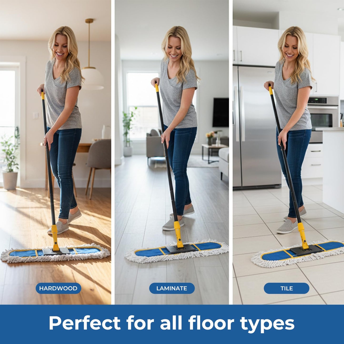 24" Dust Mop for Floor Cleaning, Large Areas Dry & Wet Mop with 2 Washable Cotton Pads, Efficiently Picks Up Pet Hair & Dust for Hardwood, Tile, Laminate, Patio