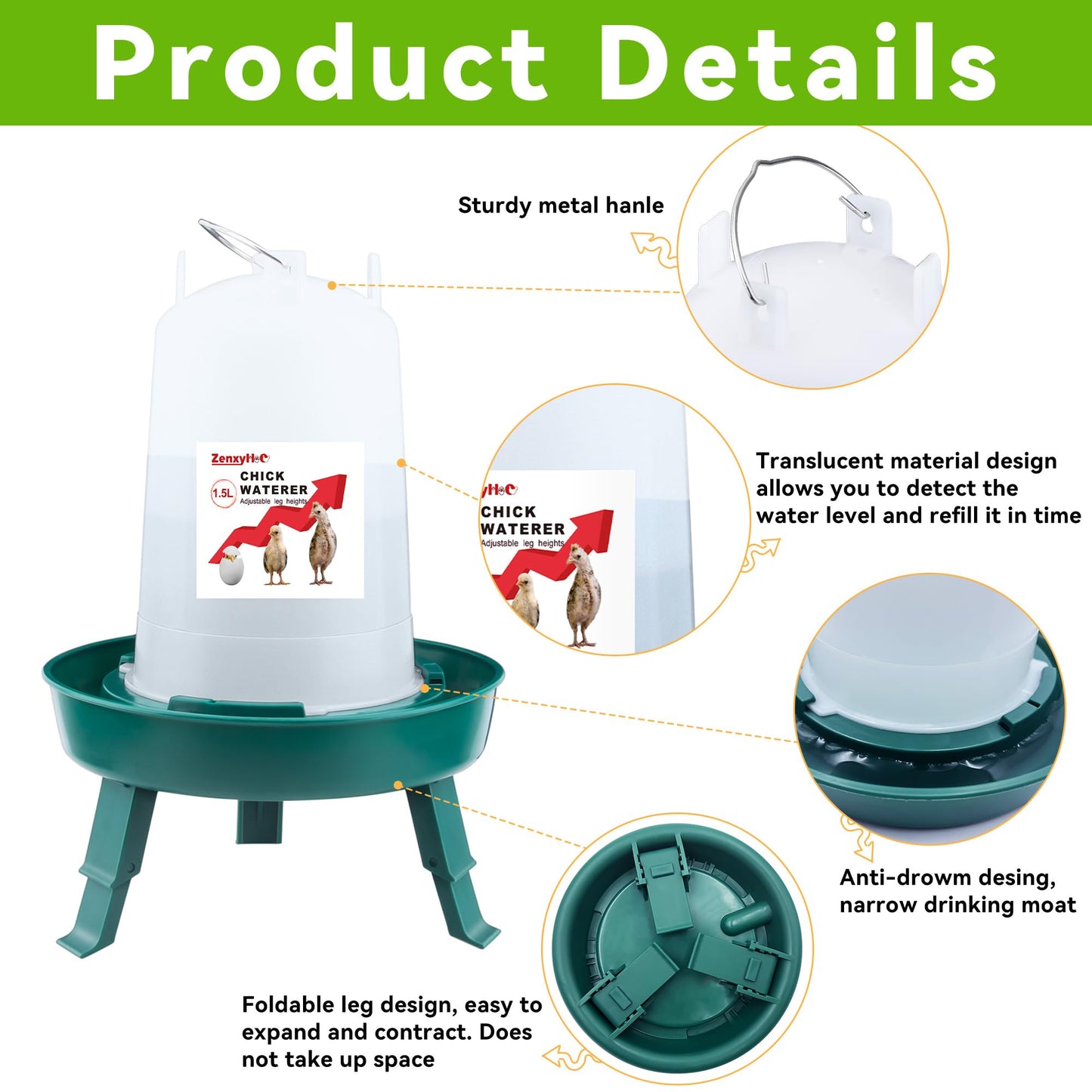 ZenxyHoC Chick Feeder and Waterer Set, 1L Feeder and 1.5L Waterer with 3 Adjustable Heights for Baby Chicken Duck Brooder