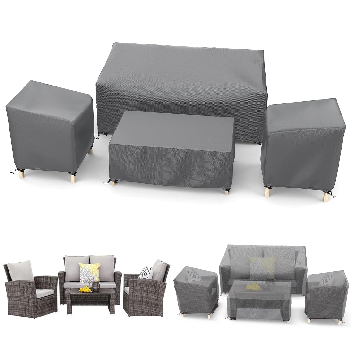 STARTWO Outdoor Waterproof Patio Furniture Covers 4-Piece Set for Chairs 32in, Loveseat 56in, Coffee Table 45in, Heavy Duty, Grey